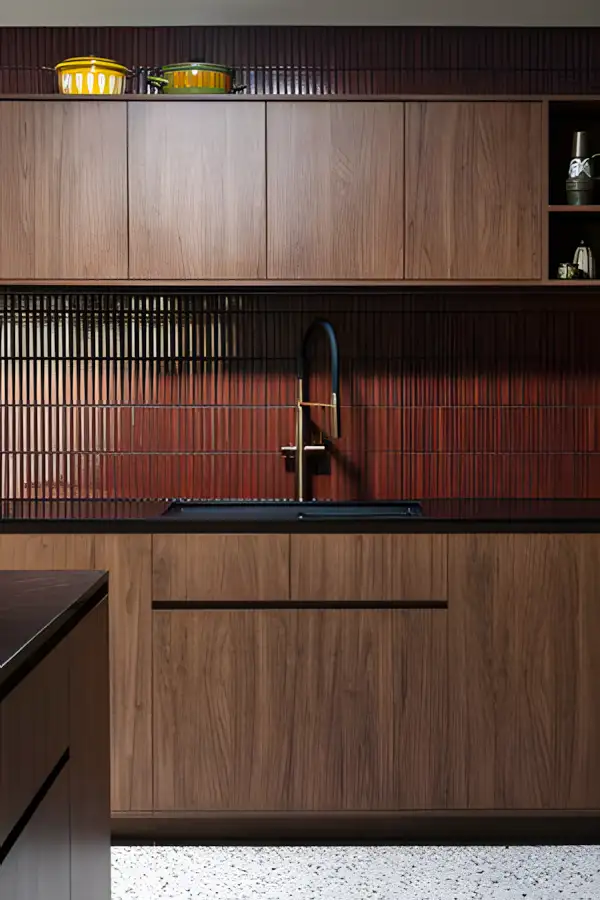 Dark Terracotta Ribbed Backsplash with Walnut Cabinets | Material Depot