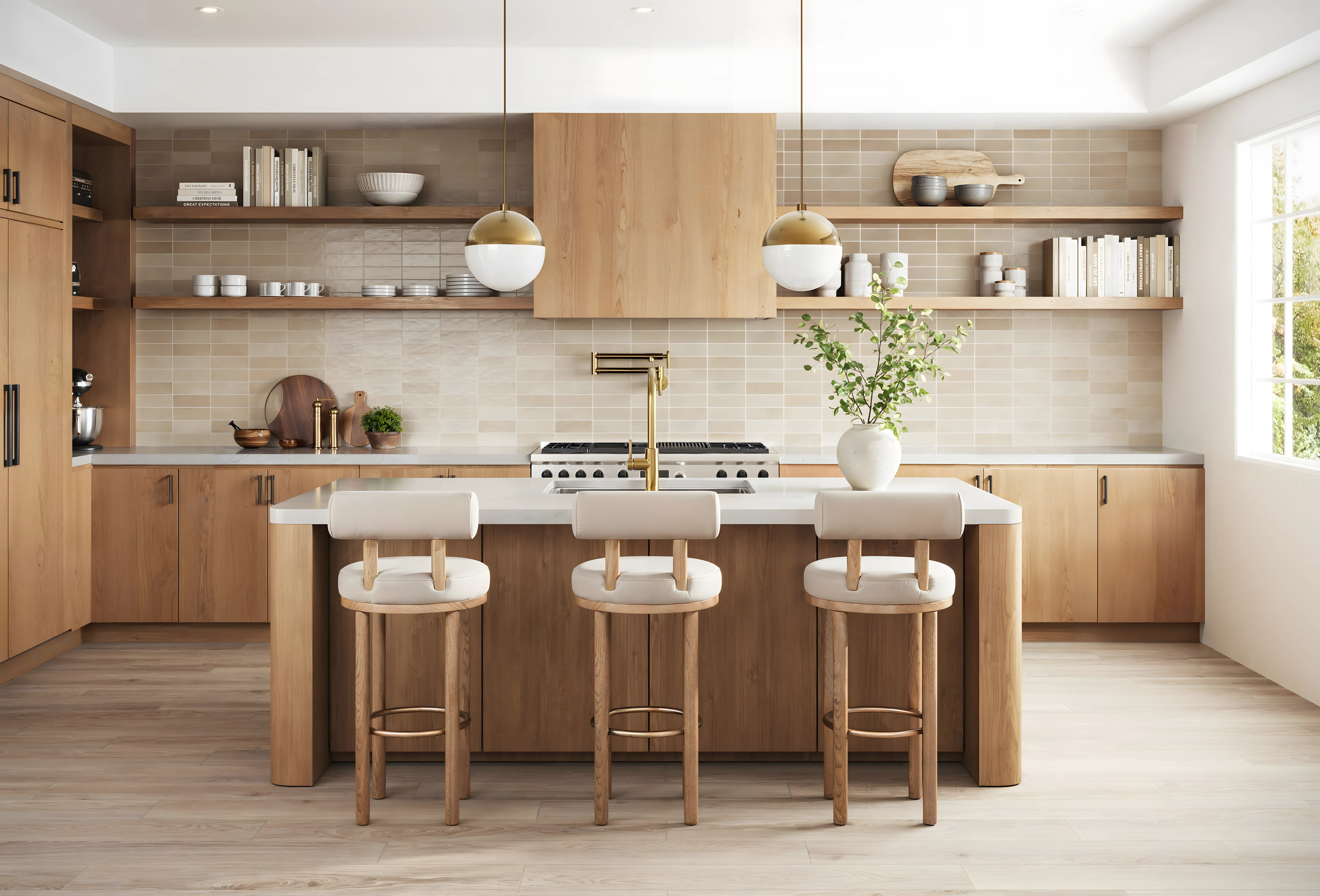 Designer Spacious Kitchen Design with glossy brick subway tiles Vaishnavi Serene Yelahanka | Material Depot