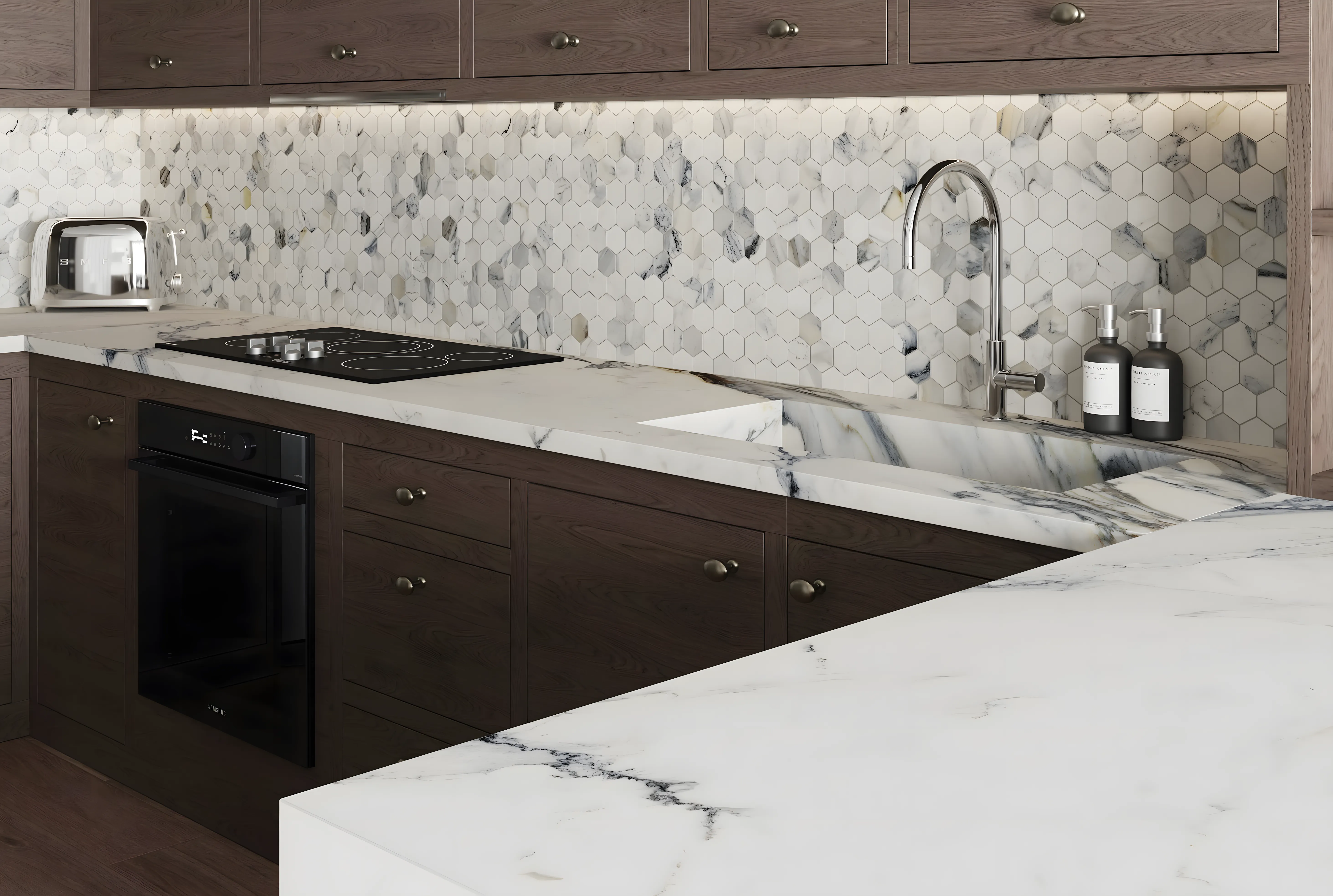 Dramatic and Stylish Kitchen Design with Hexagonal Walls and White Marble Quartz Mana Dale Sarjapur Road | Material Depot