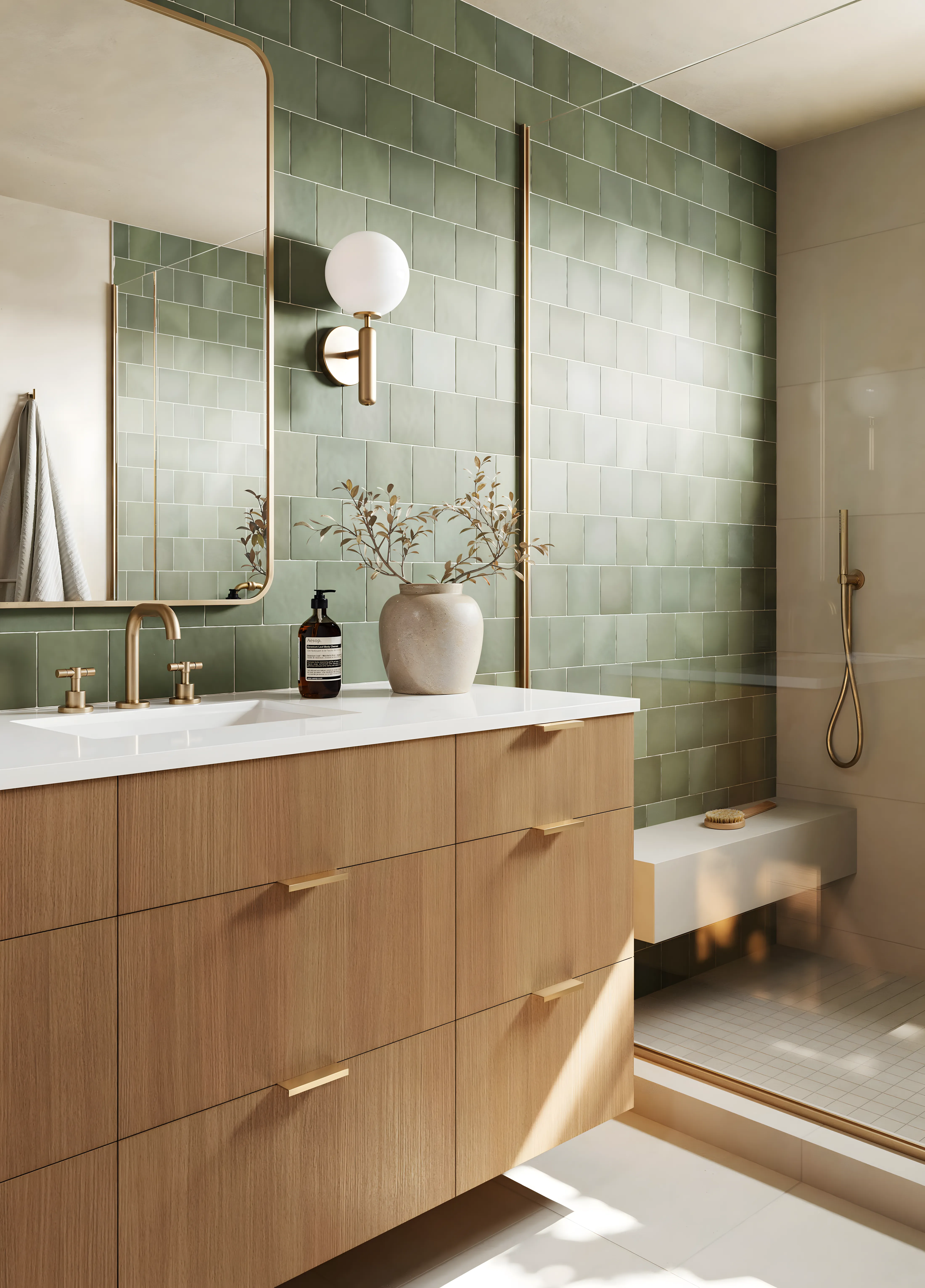 Dull and Green Bathroom Design with Grey Flooring and Geometric Texture Salarpuria Sattva Exotic Bagalur Road | Material Depot