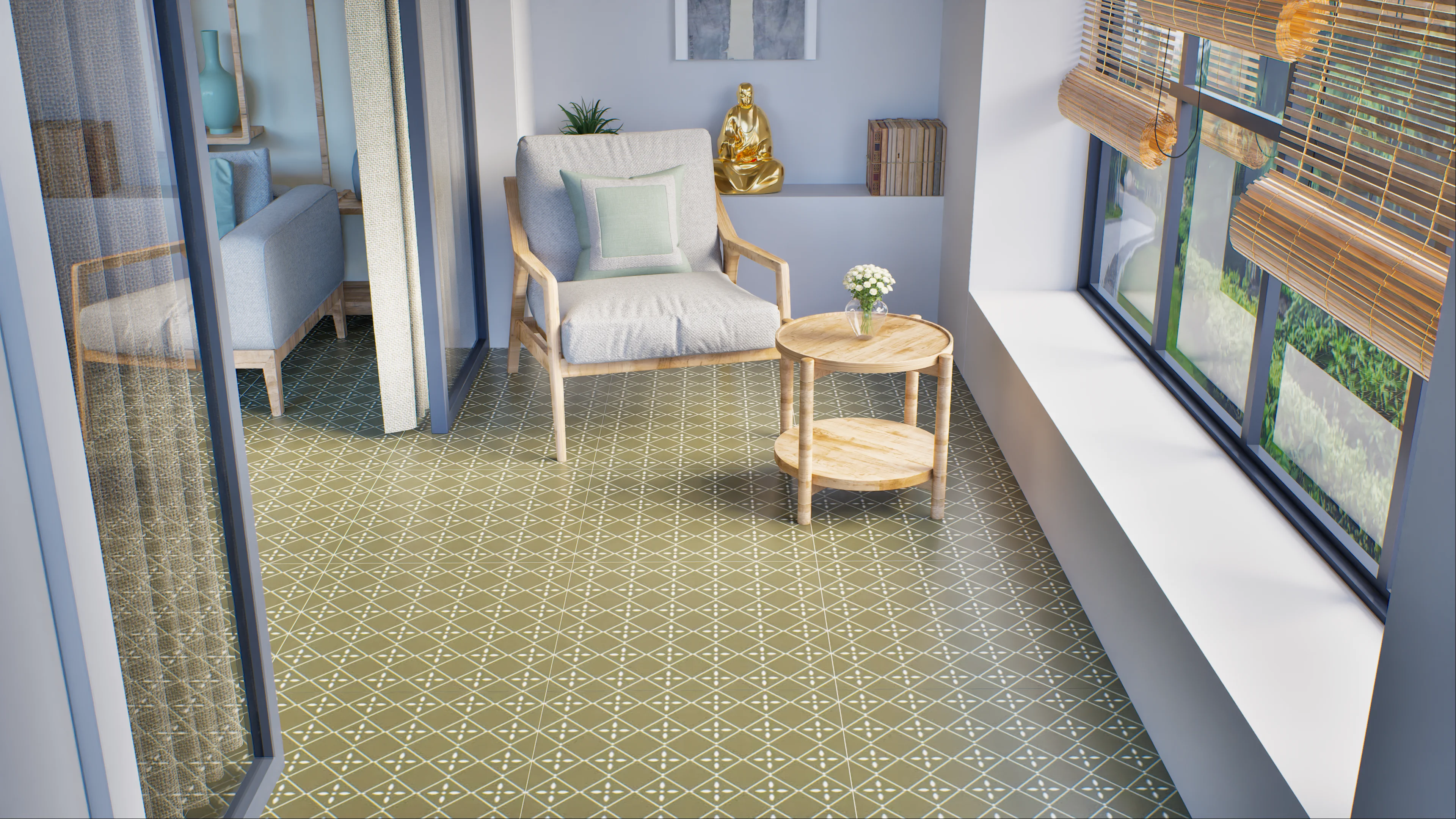 Elegant Sunroom with Olive Green Patterned Tile Flooring | Material Depot