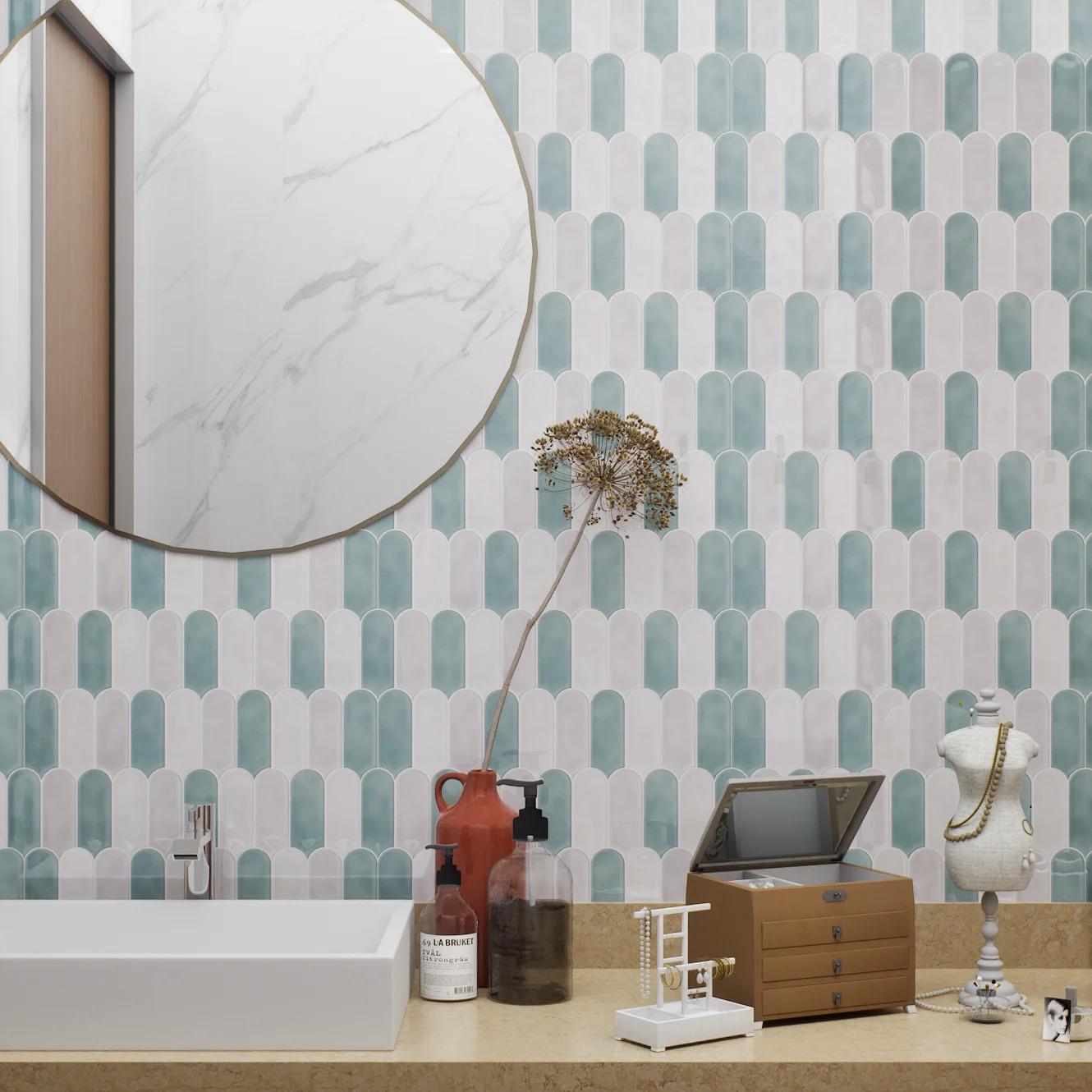 Elegant Bathroom Vanity with Pastel Arch Tiles | Material Depot