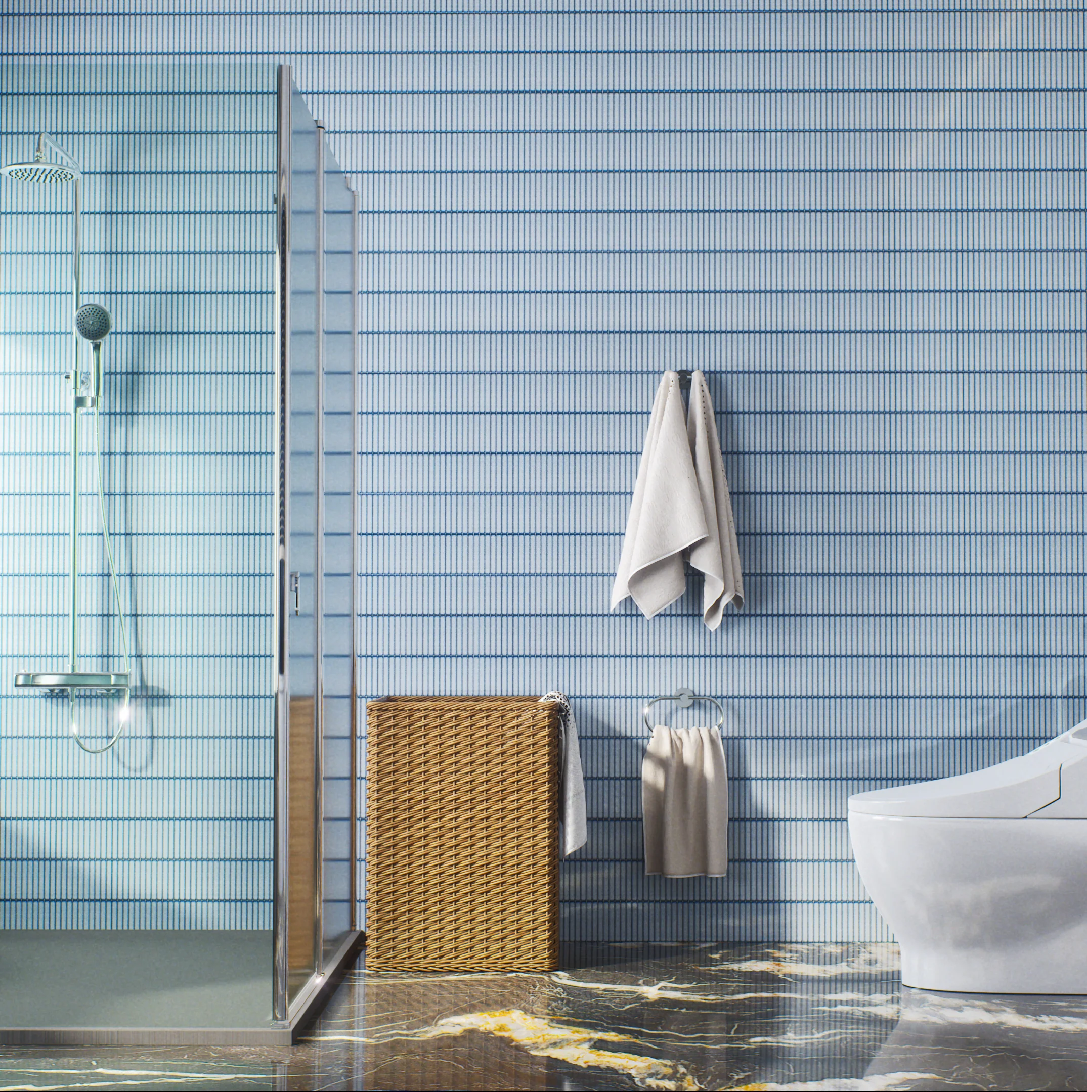 Elegant Bathroom with Blue Textured Tiles and Marble Floor | Material Depot