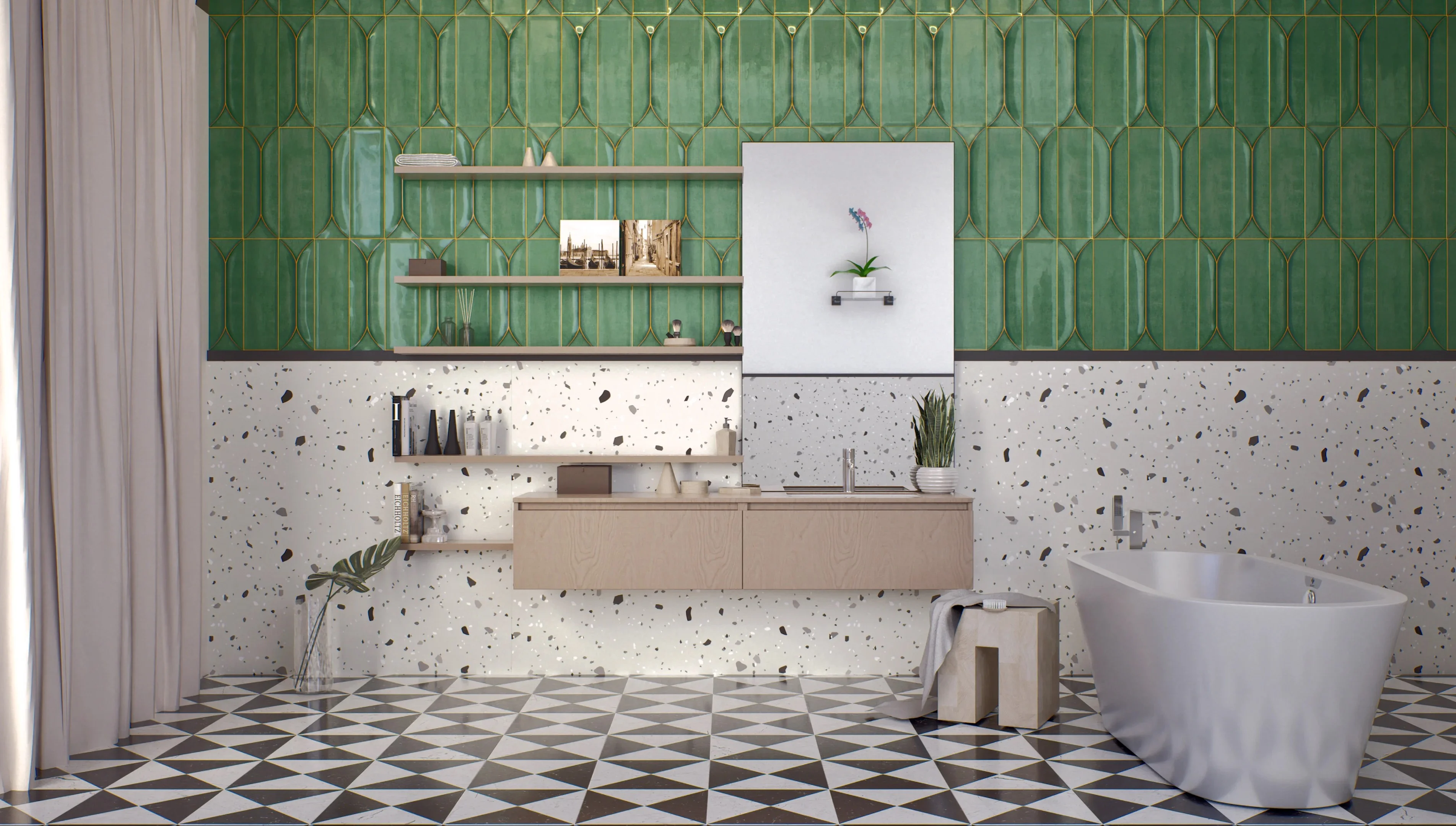 Elegant Bathroom with Green Accents and Patterned Tiles | Material Depot