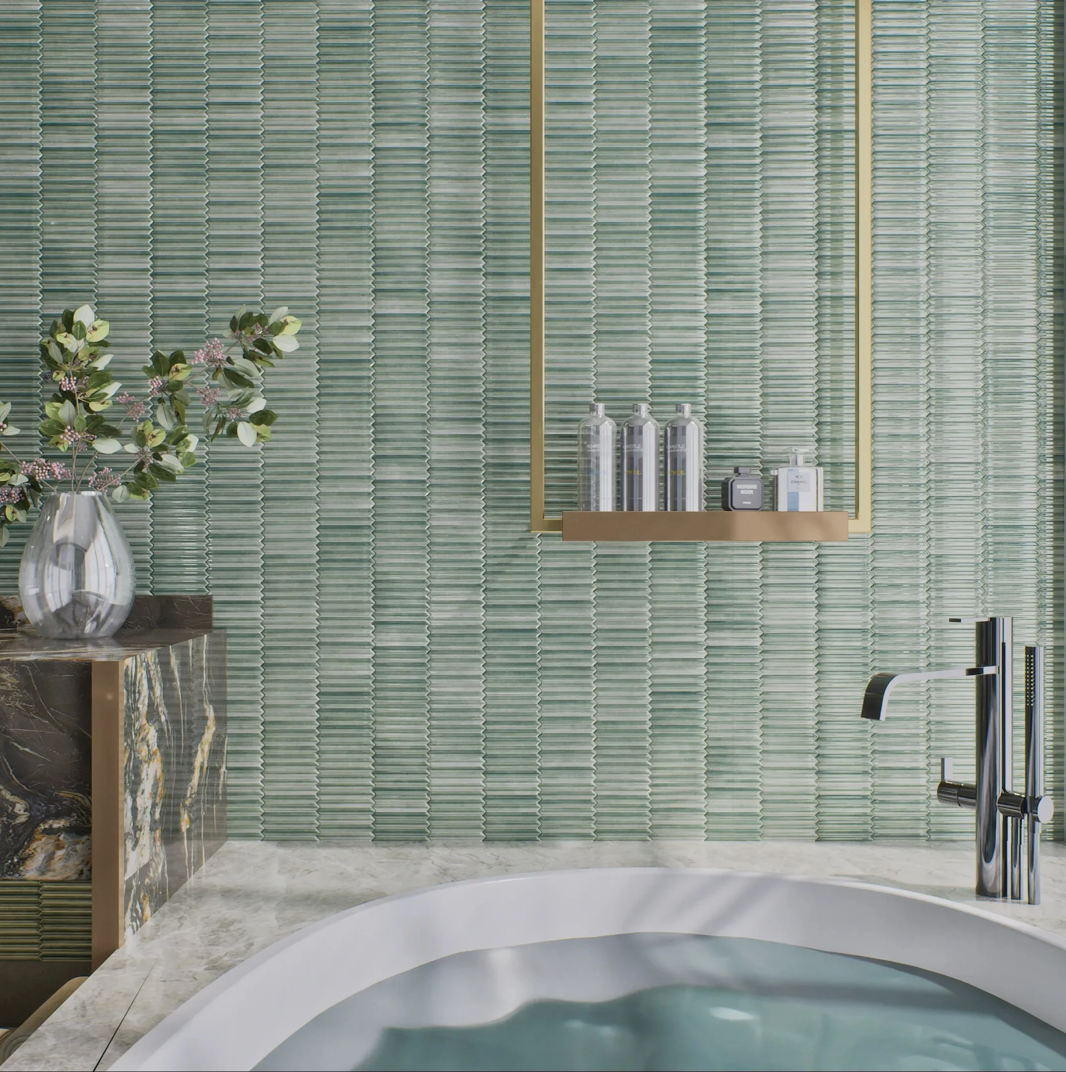 Elegant Bathroom with Mint Green Textured Tile Wall | Material Depot