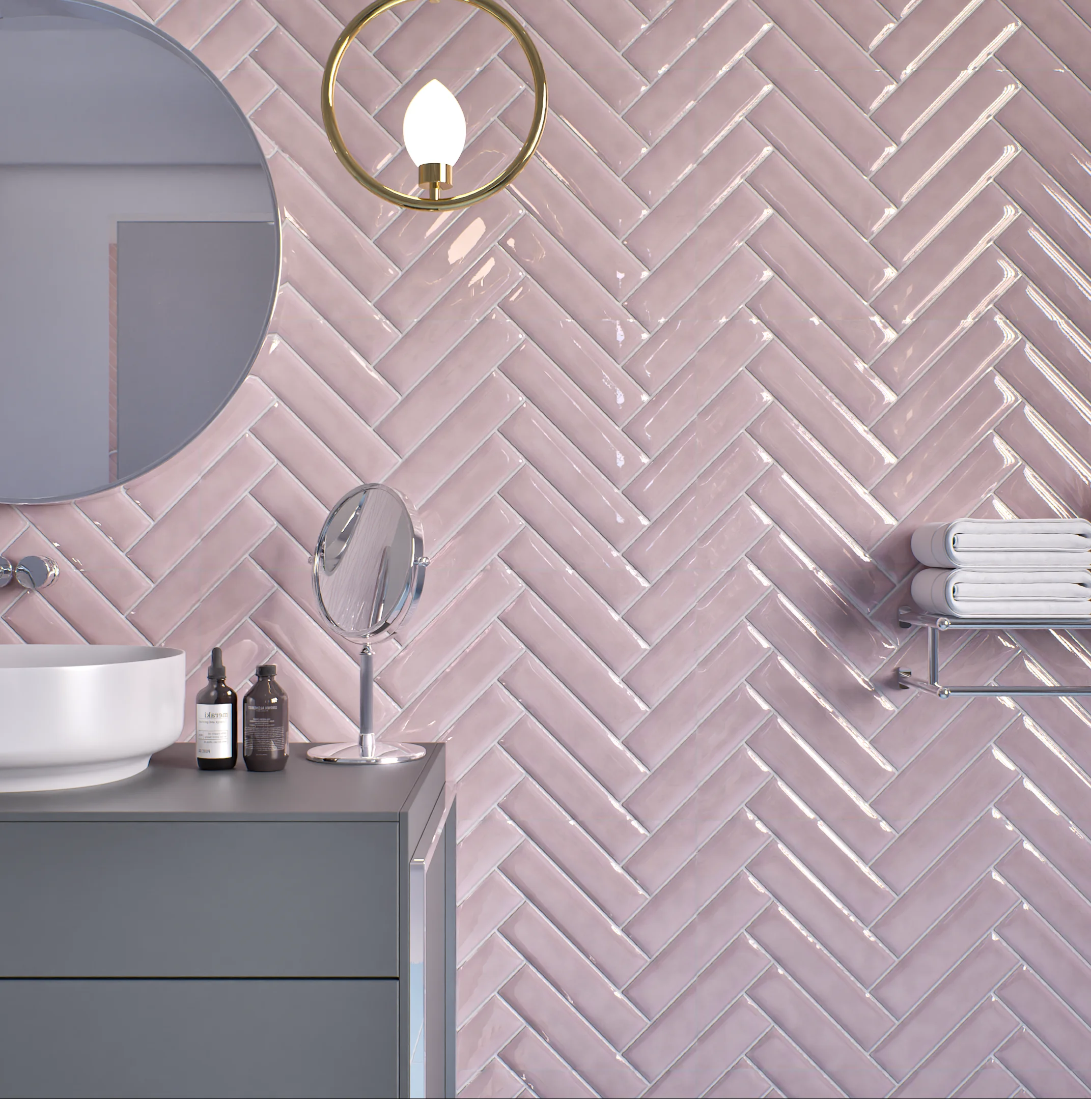 Elegant Bathroom with Pink Herringbone Tile Wall | Material Depot