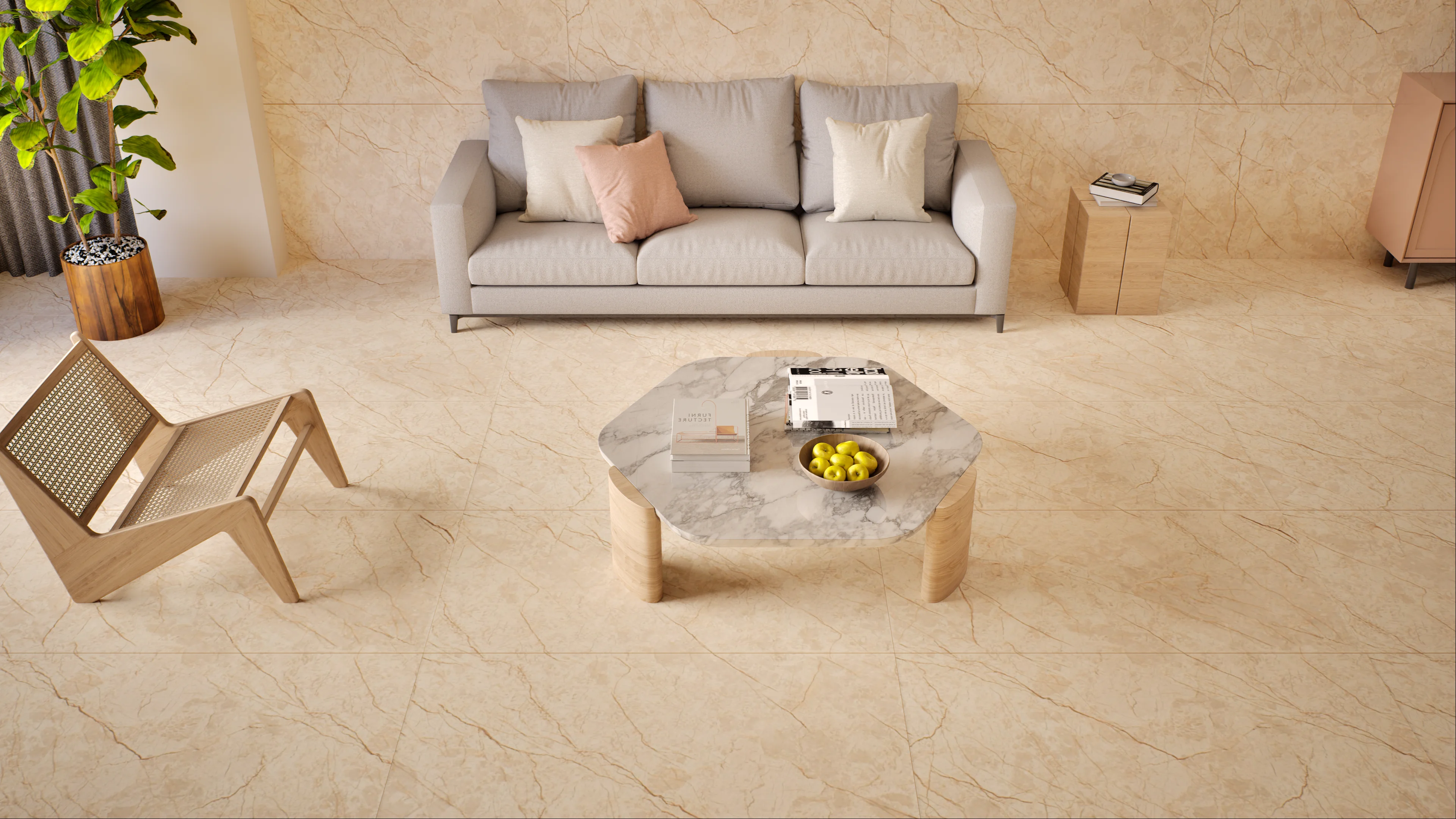 Elegant Beige Living Room with Marble Coffee Table | Material Depot