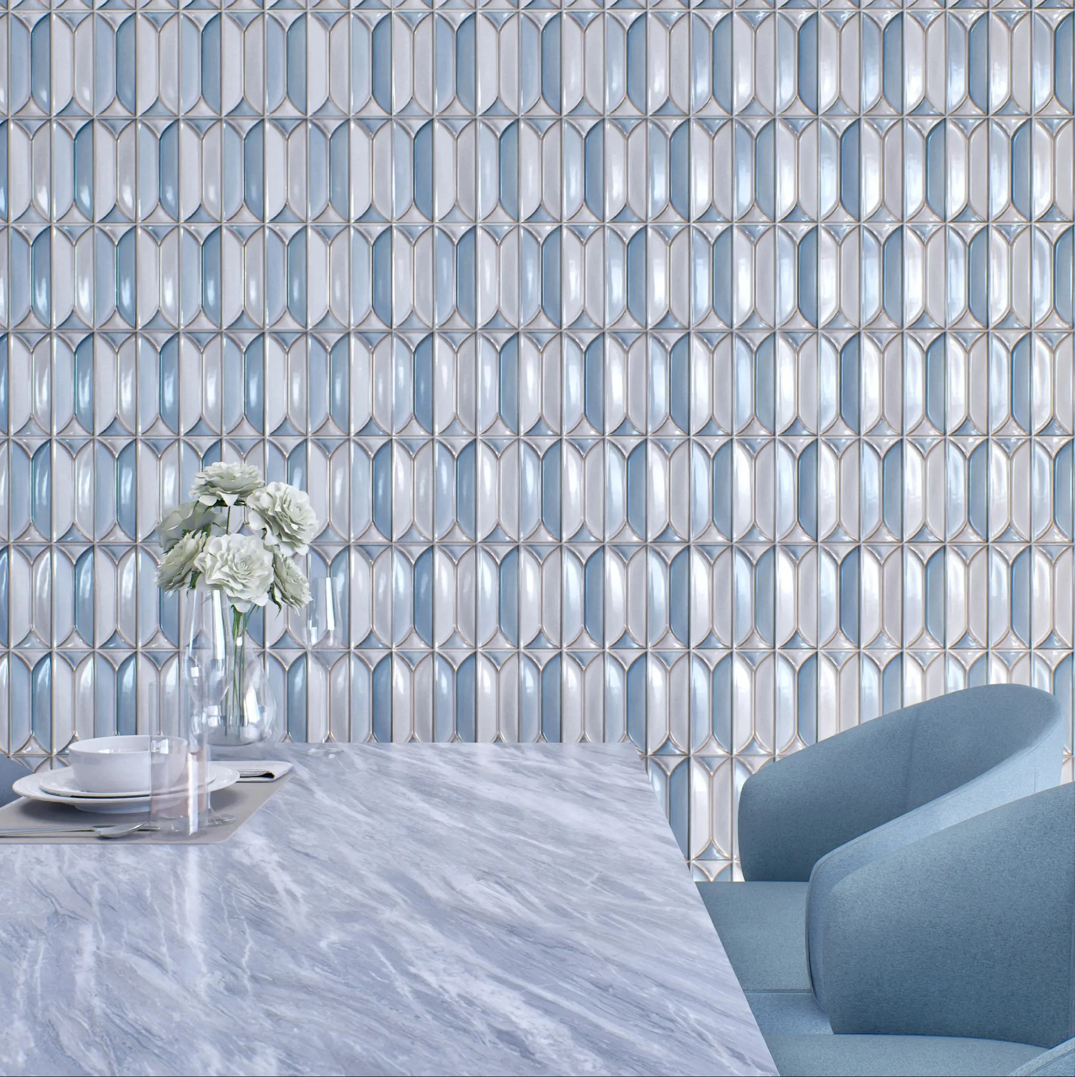 Elegant Dining Area with Textured Blue Tile Accent Wall | Material Depot