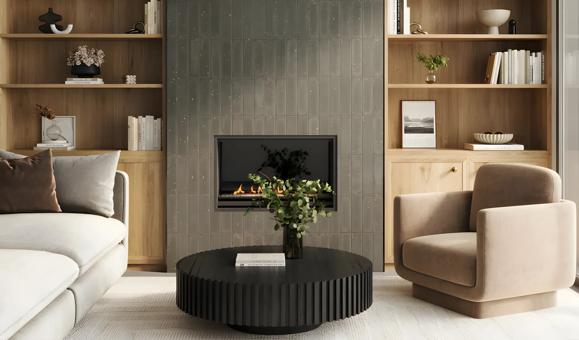 Elegant Living Room Design with Sophisticated Entertainment Center and Natural Wood Details Adarsh Palm Acres Hoskote | Material Depot