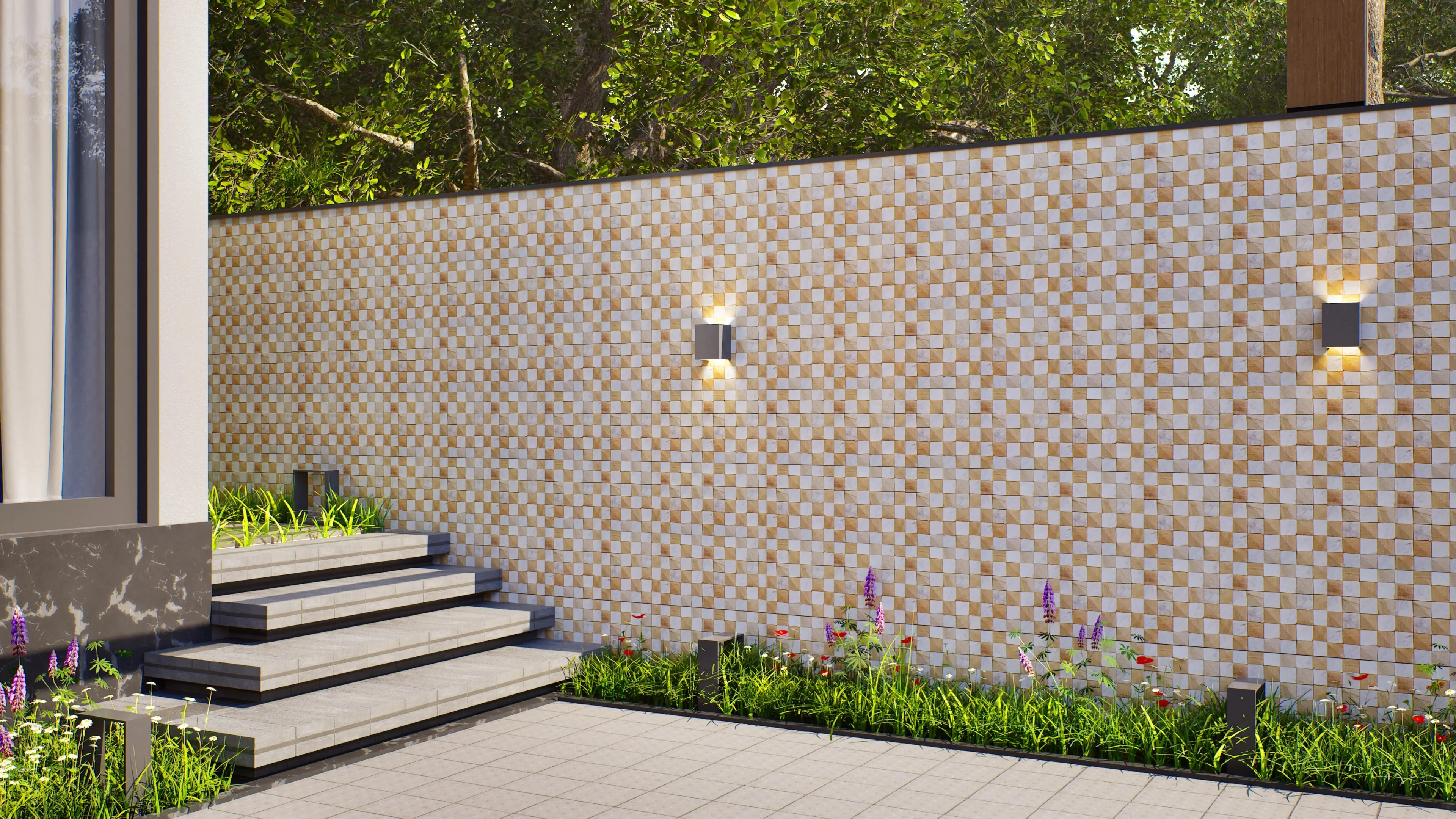 Elegant Outdoor Space with Checkered Mosaic Tile Stone Wall Cladding | Material Depot