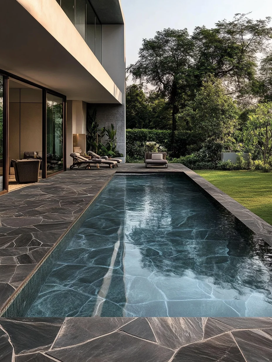 Elegant Swimming Pool with Full Body Dark Grey Kota Stone Flooring and Organic Patterns | Material Depot