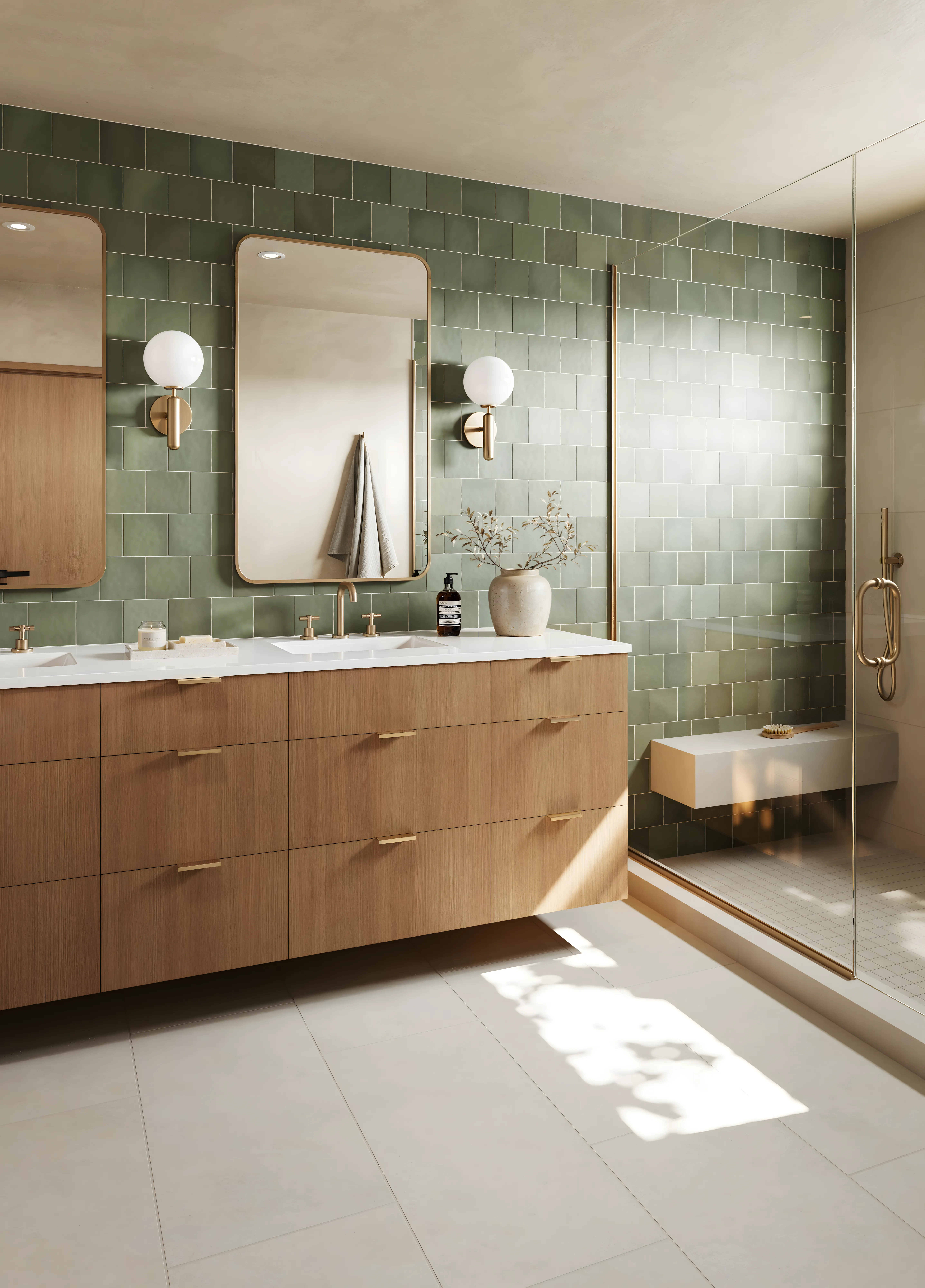 Elegant Transitional Bathroom Design with Warm Wood Cabinets Prestige Elm Park Whitefield | Material Depot