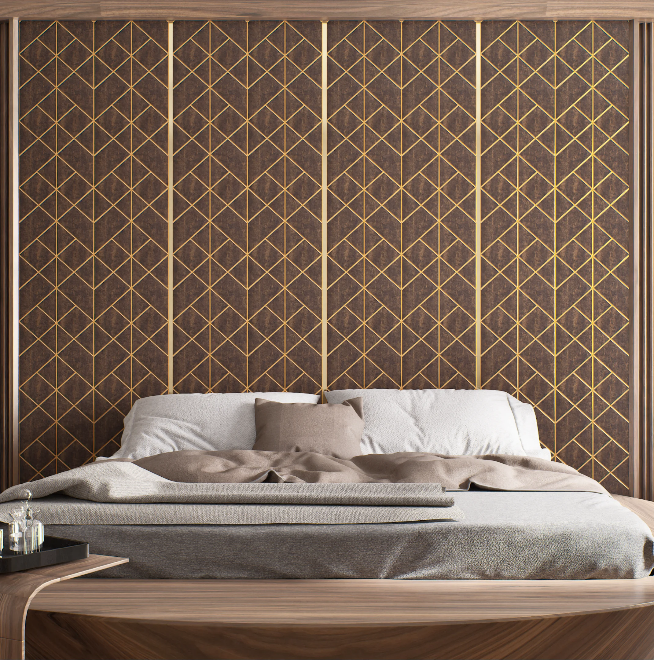 Geometric Wall Paneling in a Modern Bedroom | Material Depot