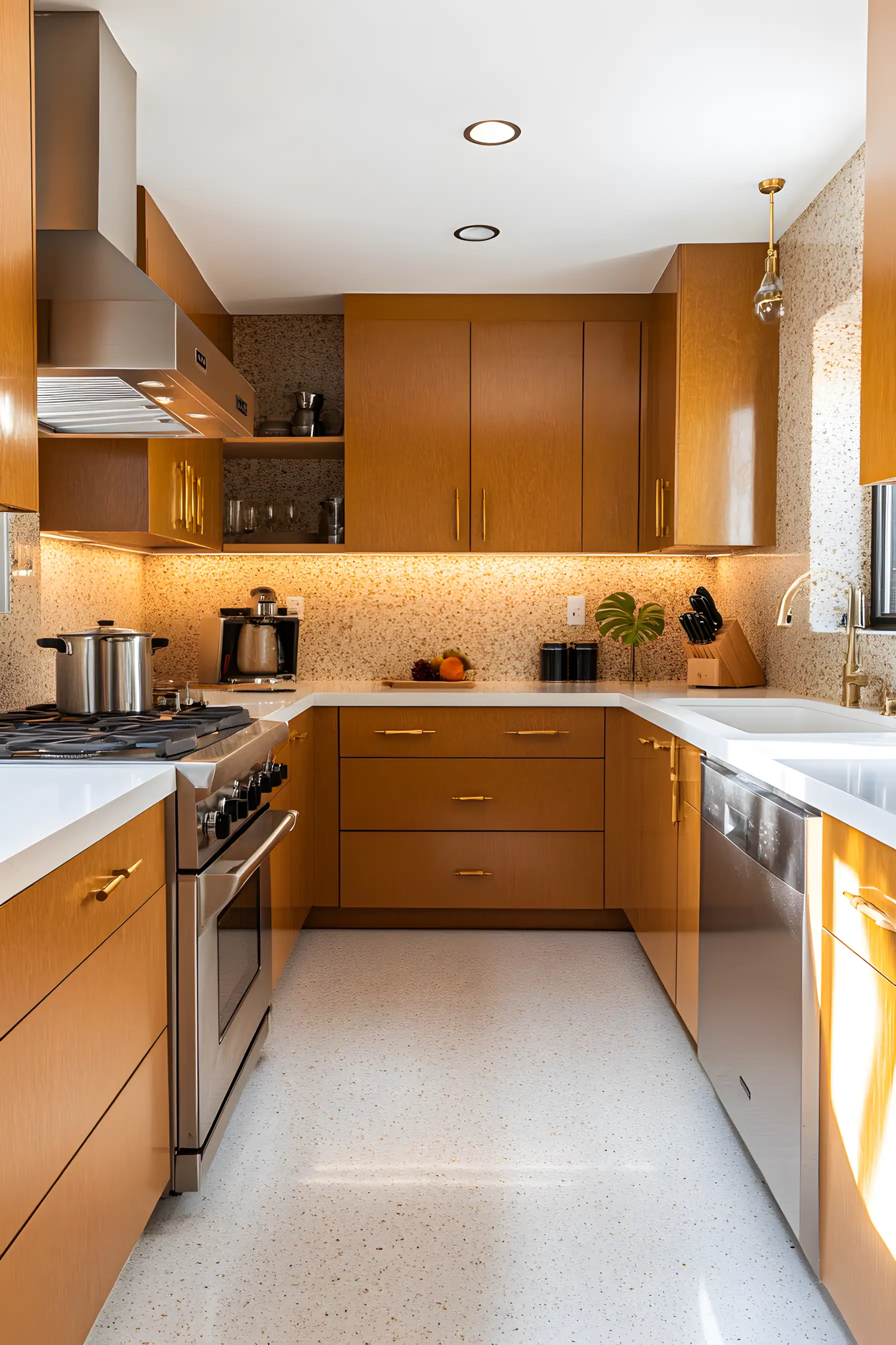 Glossy Veneer And Gold Detail Kitchen | Material Depot