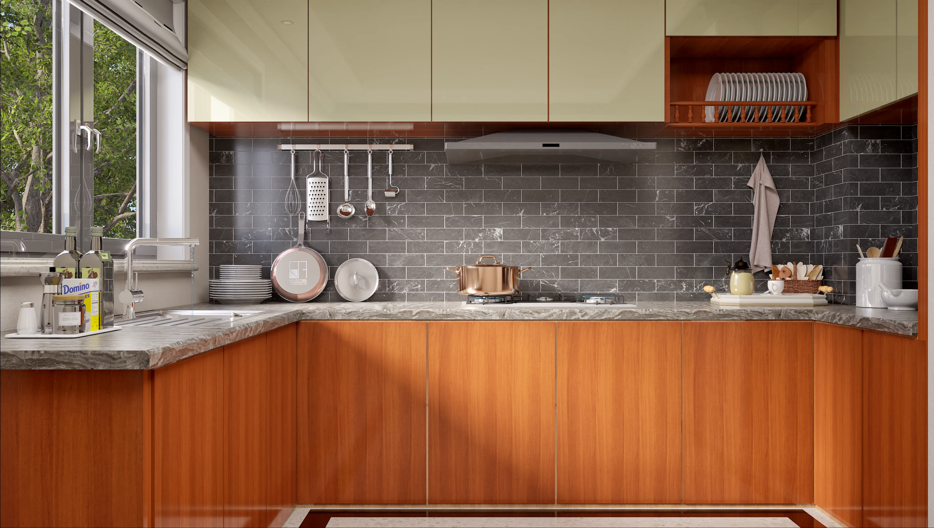 Kitchen with Acrylic Wood Cabinets and Gray Tile Backsplash | Material Depot