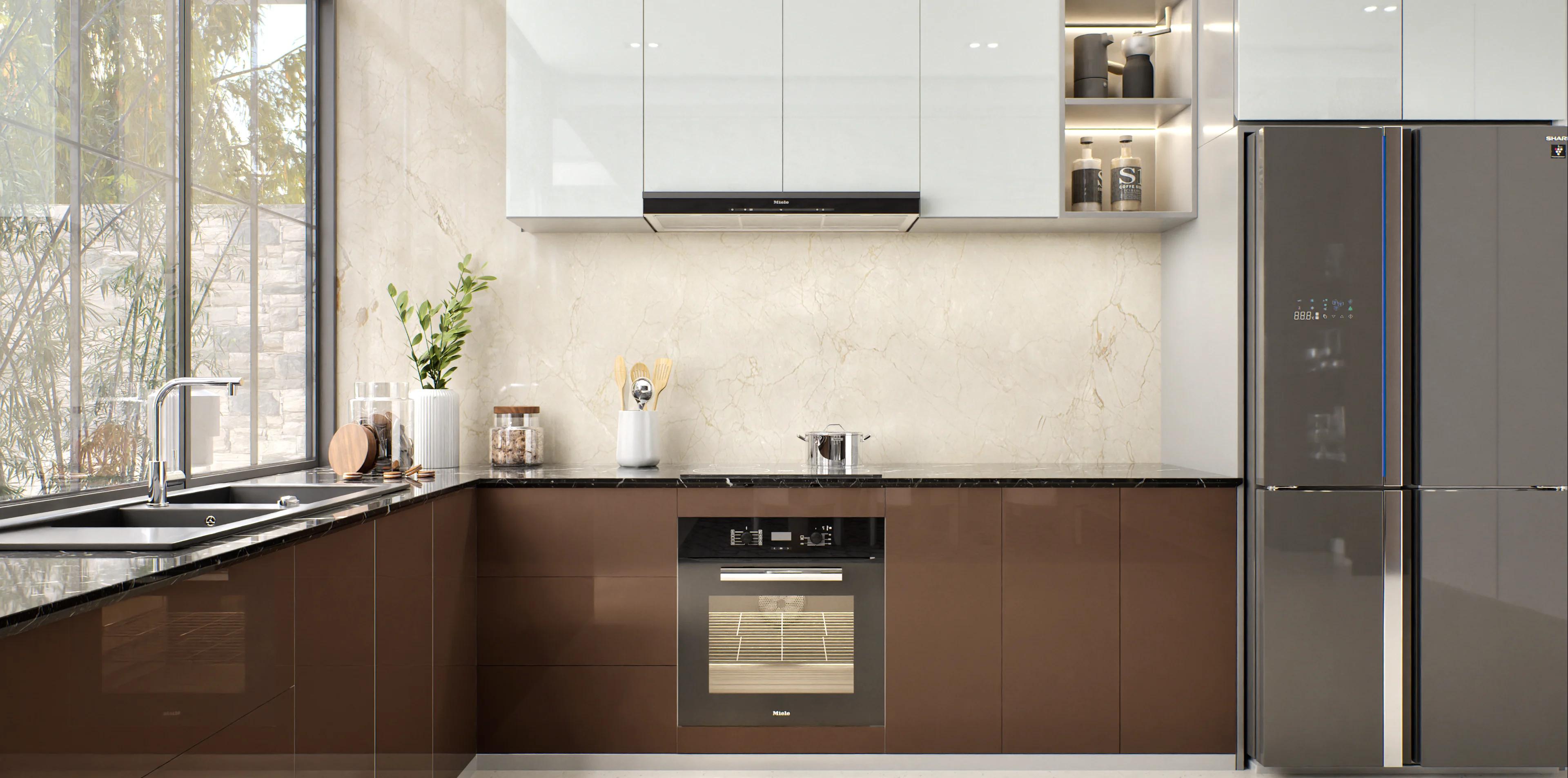 Kitchen with Silk Matt Sleek Design and Marble Backsplash | Material Depot