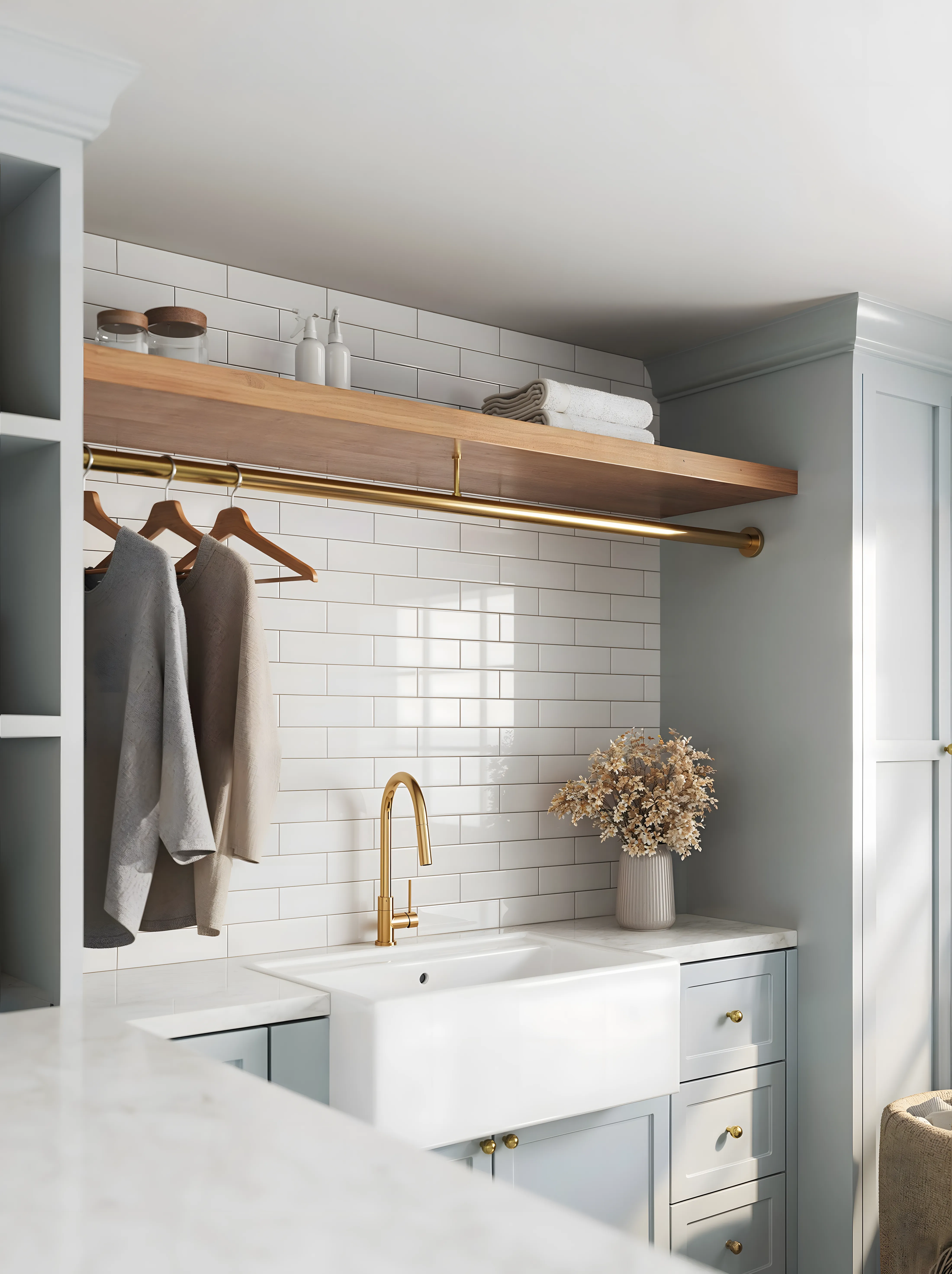 Laundry Room with Polly White Subway Tile and Blue Cabinets Assetz Canvas & Cove Begur Road | Material Depot