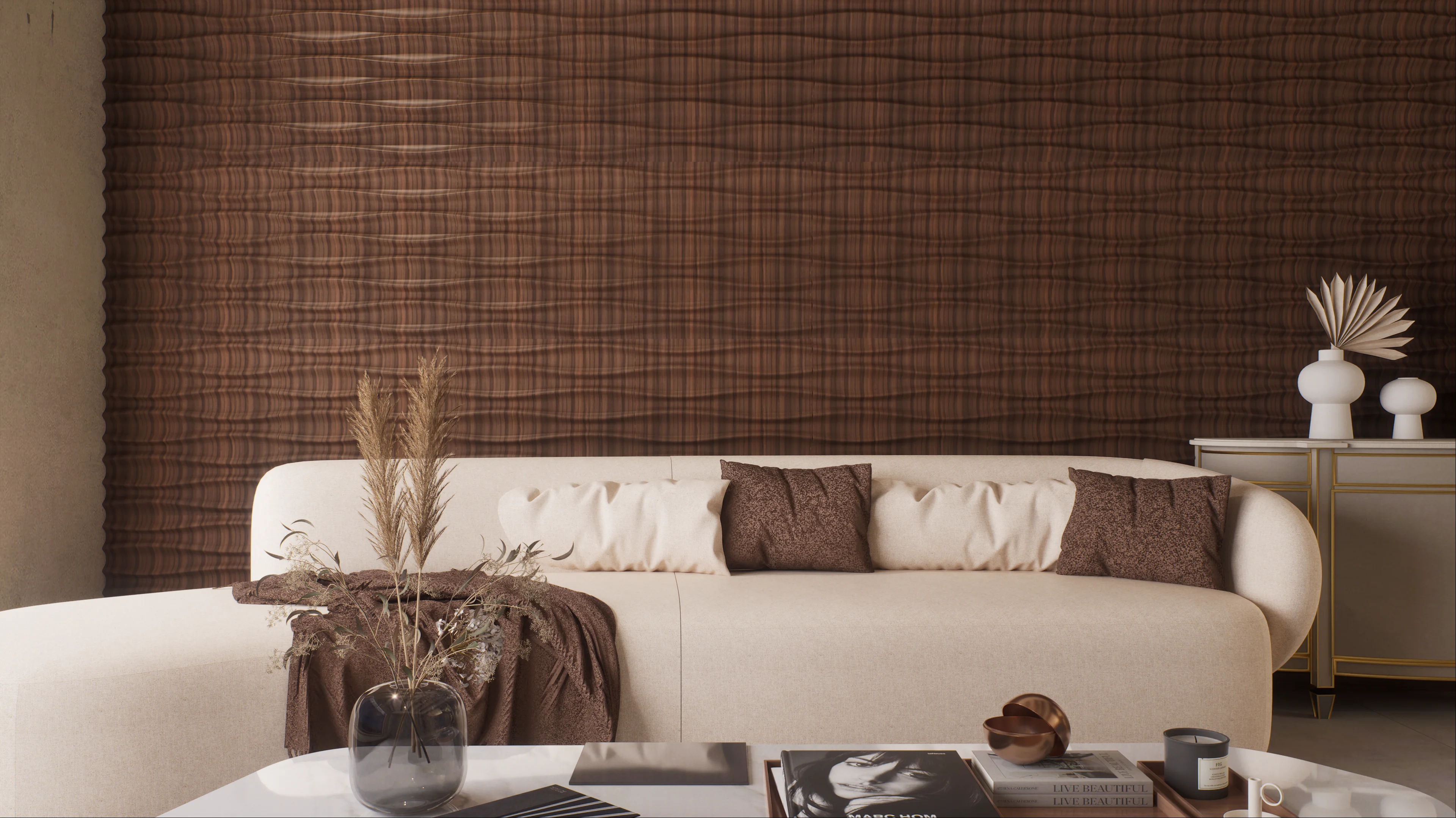 Living Room with Textured 3D Wall Paneling | Material Depot