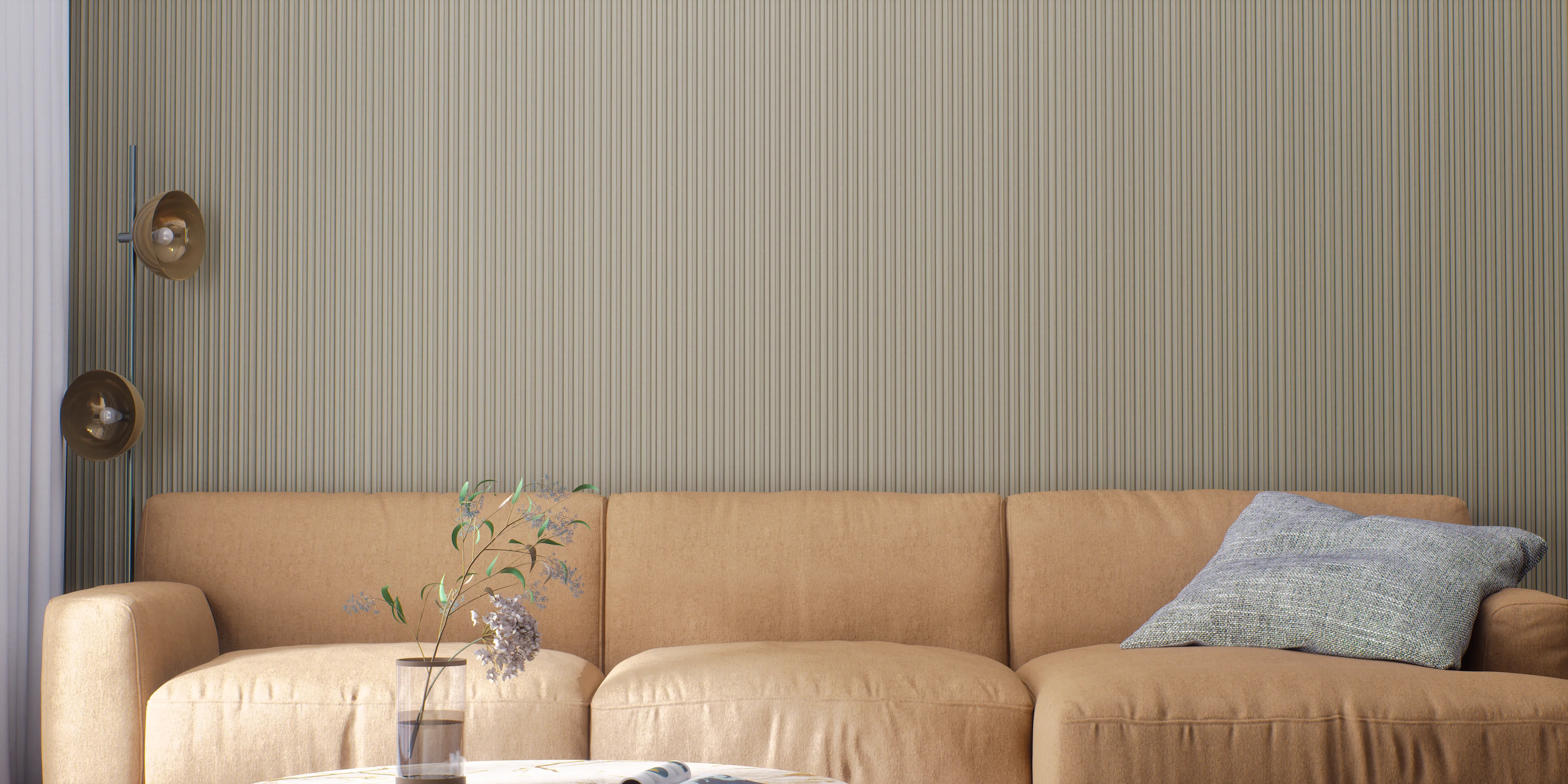 Living Room with Vertical Striped Wall Paneling | Material Depot