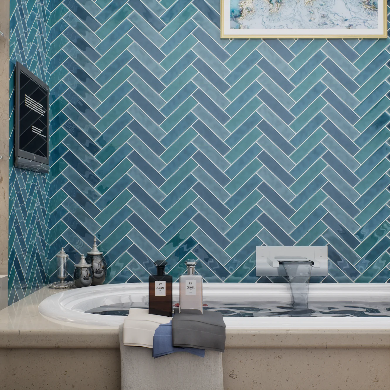 Luxurious Bathroom with Blue Chevron Tiles | Material Depot