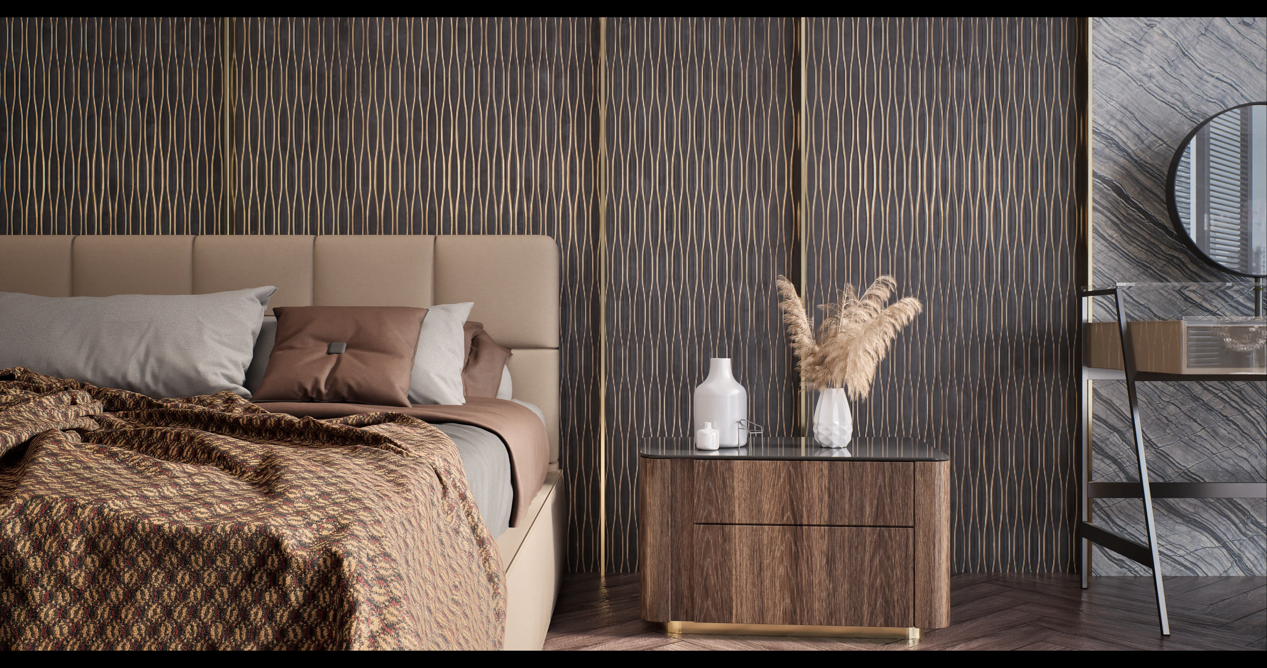 Luxurious Modern Bedroom with Geometric Wall Paneling | Material Depot