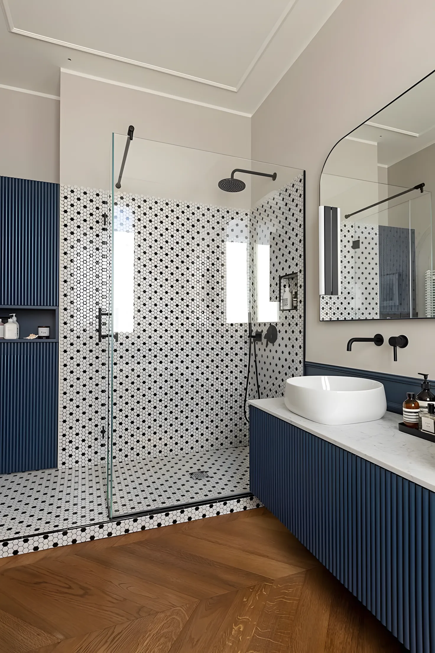 Luxury Bathroom Design with herringbone tile and Patterned Circular Tile Prestige Waterford Whitefield | Material Depot