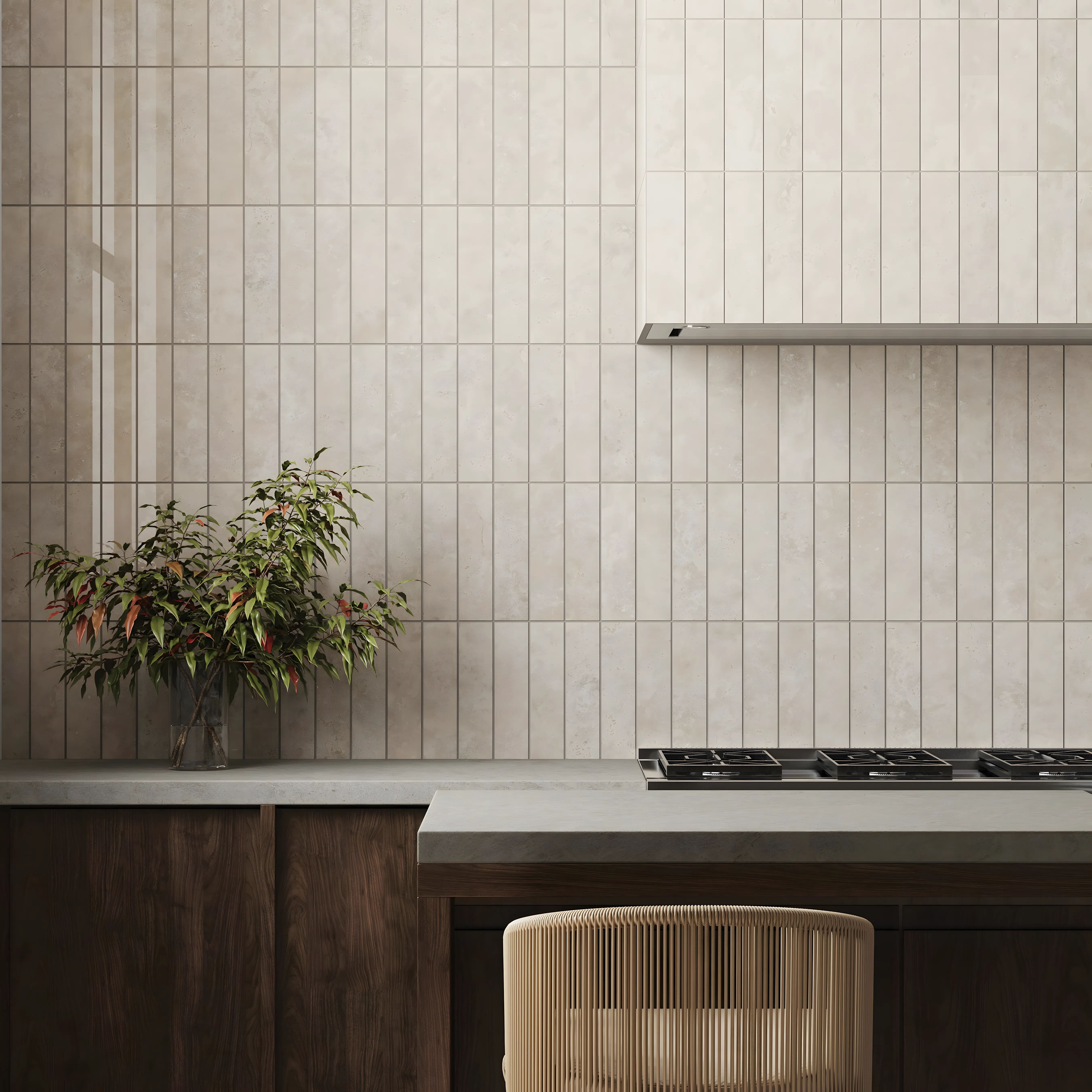 Minimalist Kitchen Design Detail with Textured Tile and Warm Wood Accents Brigade Calista Budigere Cross | Material Depot