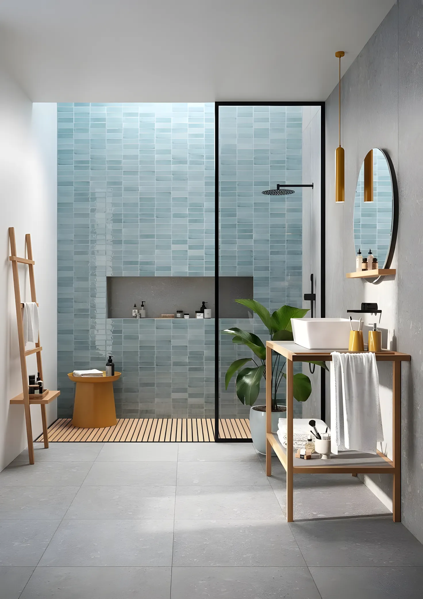 Modern Bathroom Design with Blue Textured Tile Prestige Serenity Shores Whitefield | Material Depot