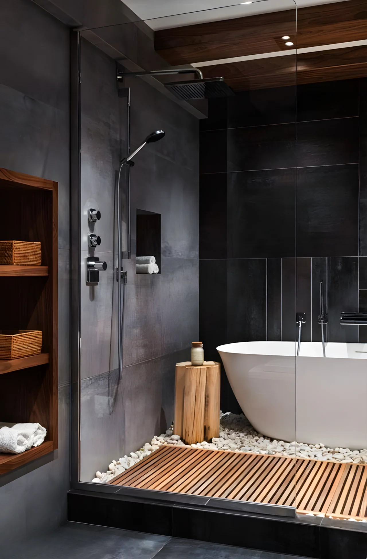 Modern Bathroom With Freestanding Tub And Pebble Flooring | Material Depot