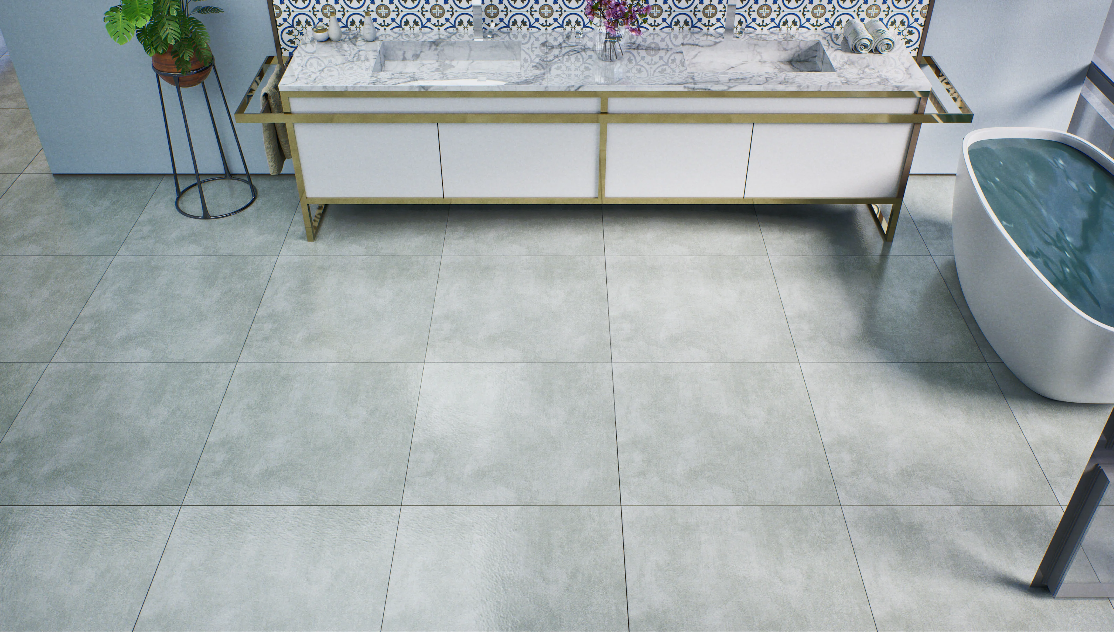 Modern Bathroom with Gray Tile Flooring and Patterned Wall | Material Depot