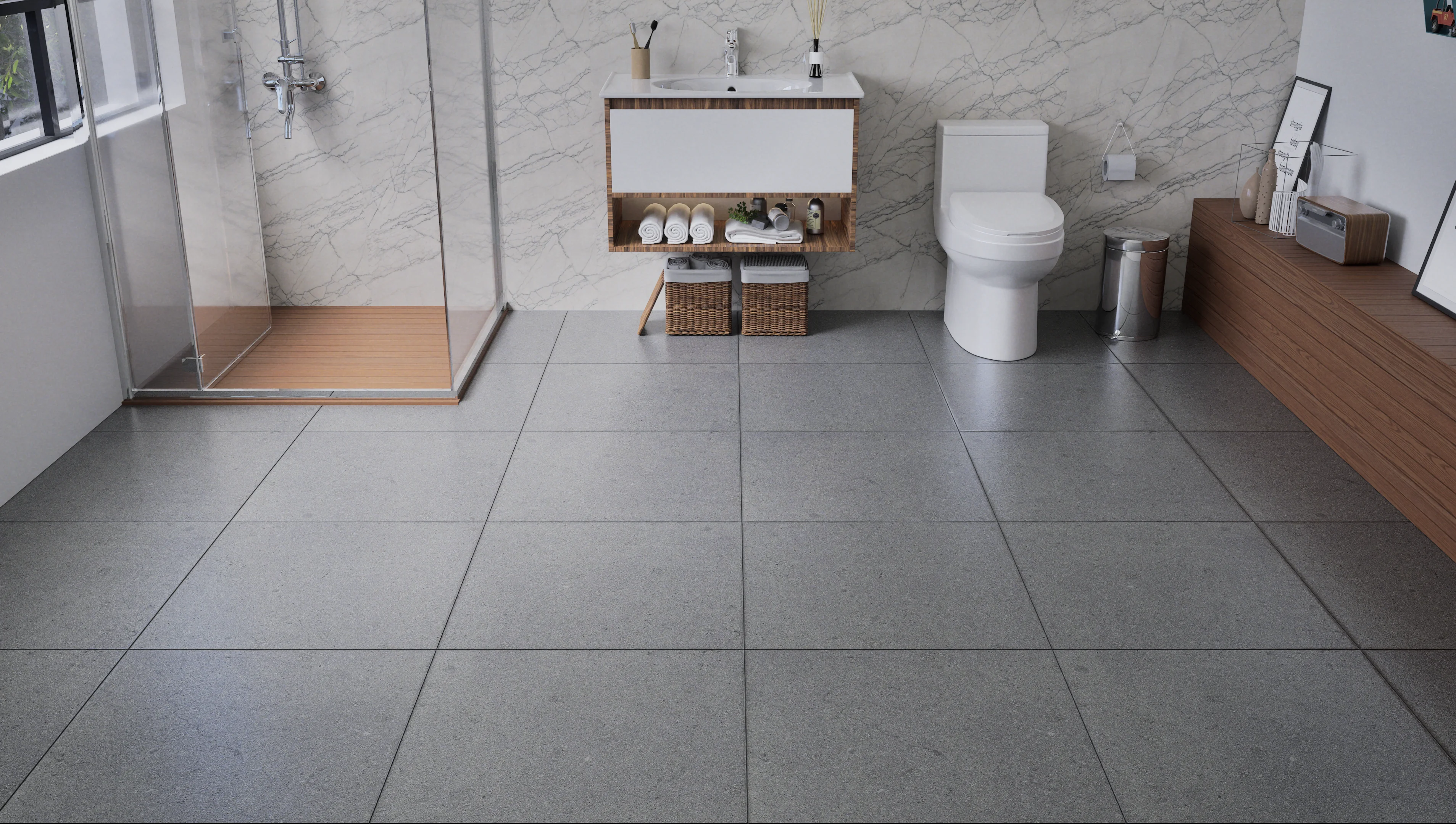 Modern Bathroom with Gray Tile Flooring | Material Depot