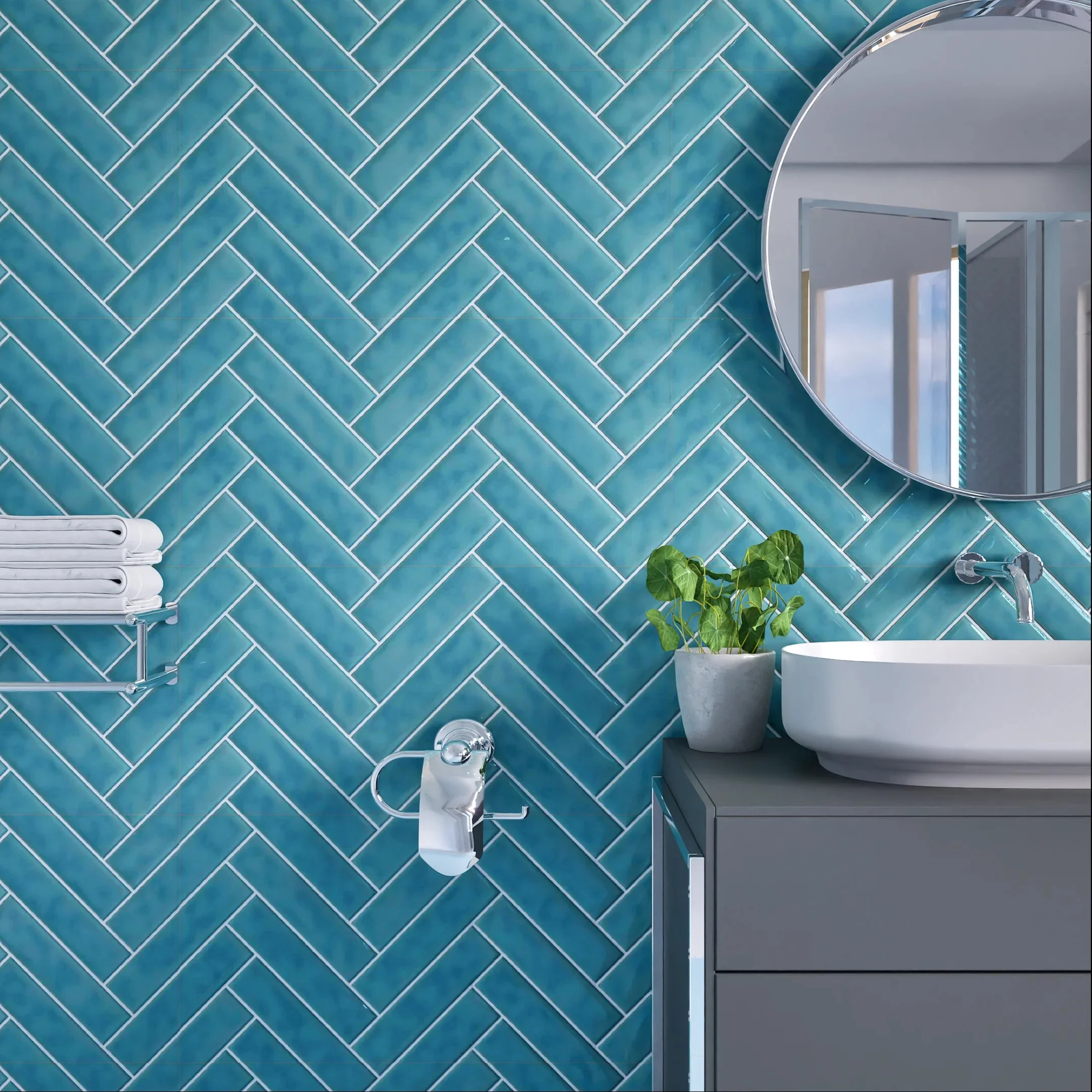 Modern Bathroom with Herringbone Blue Tile Accent Wall | Material Depot