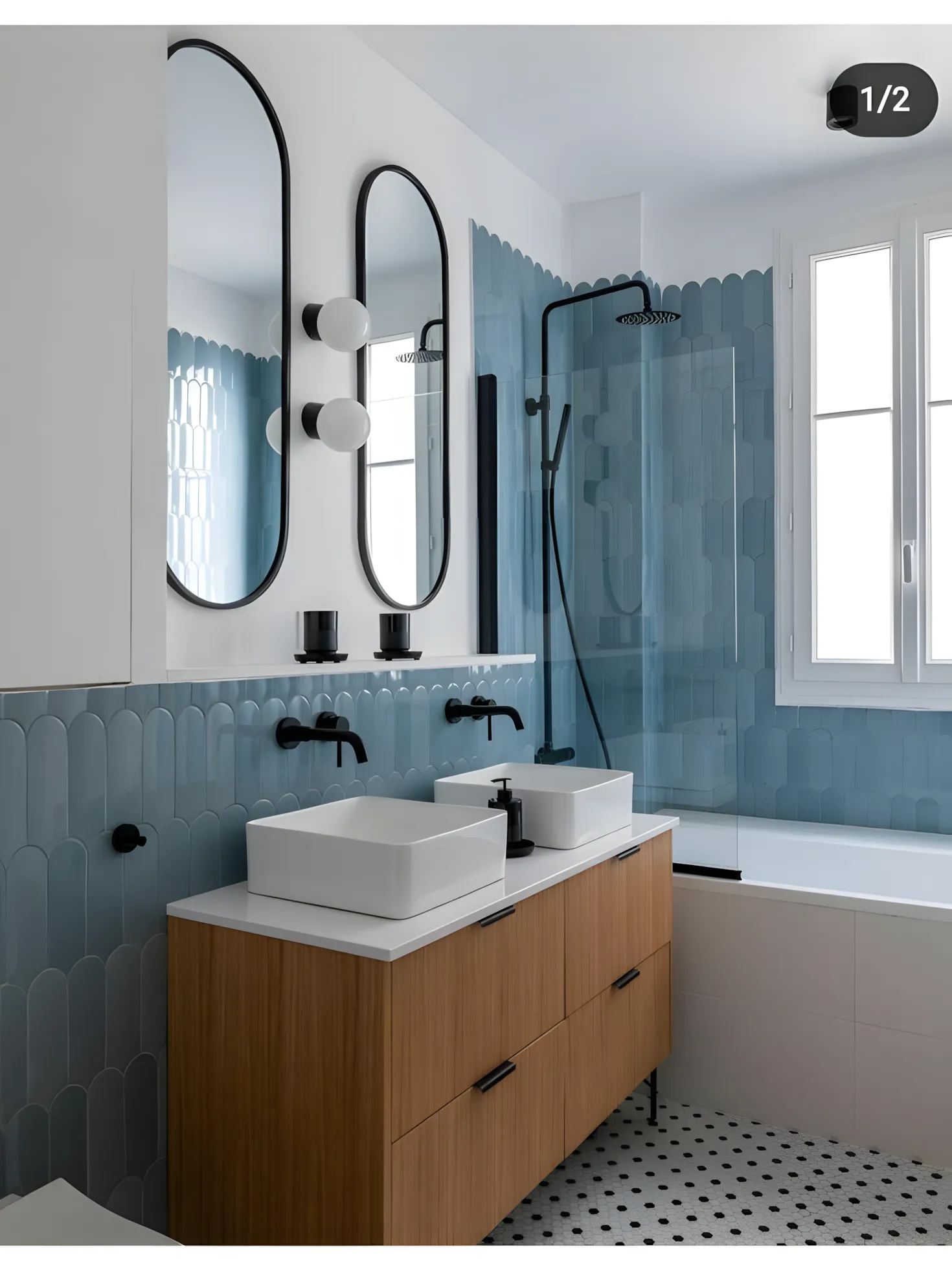 Modern Bathroom Design with Scalloped Blue Tile and Double Vanity Arvind Bel Air Yelahanka | Material Depot