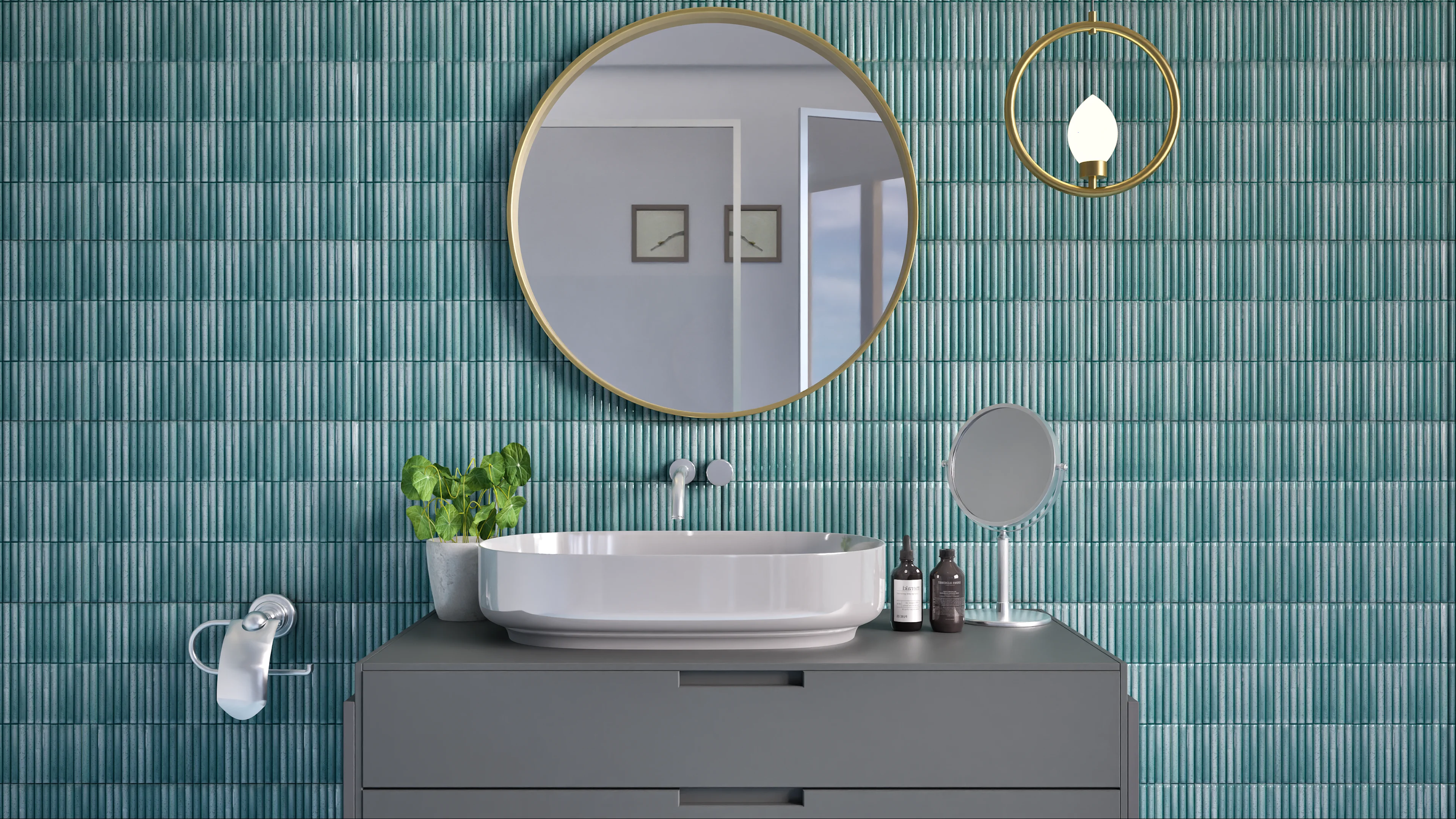 Modern Bathroom with Teal Textured Tiles | Material Depot