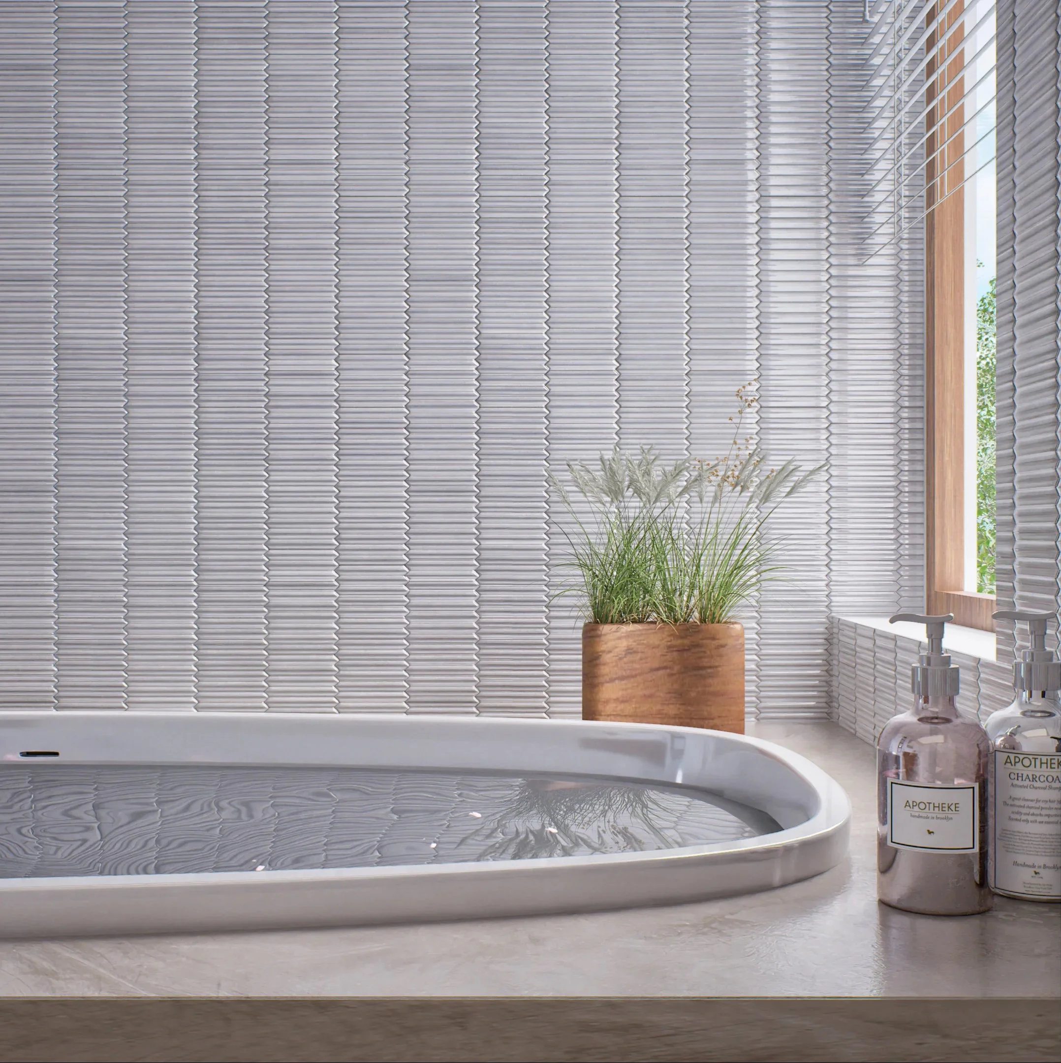 Modern Bathroom with Textured White Tile Wall | Material Depot