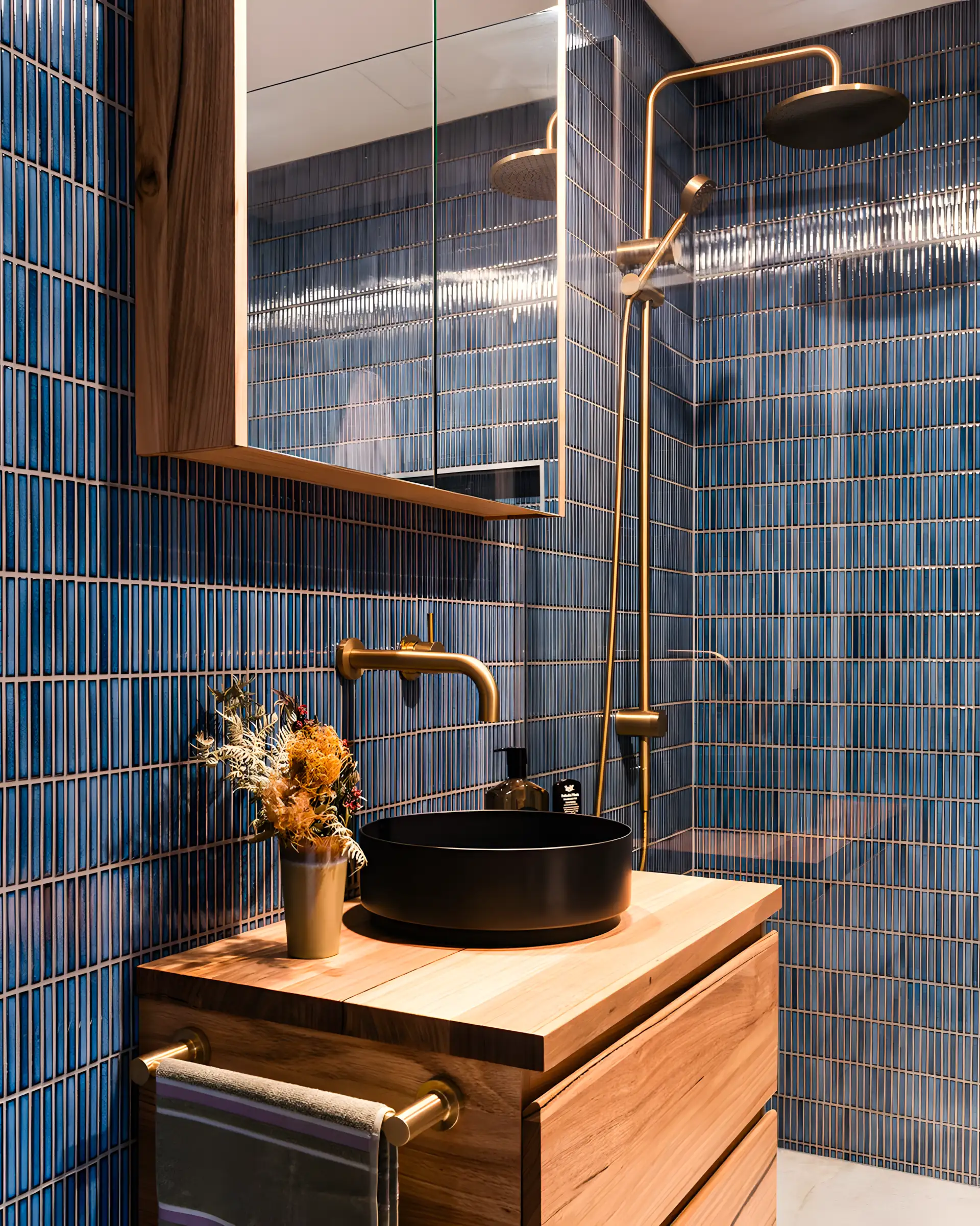 Modern Blue Ribbed Tile Bathroom with Natural Wood Vanity | Material Depot