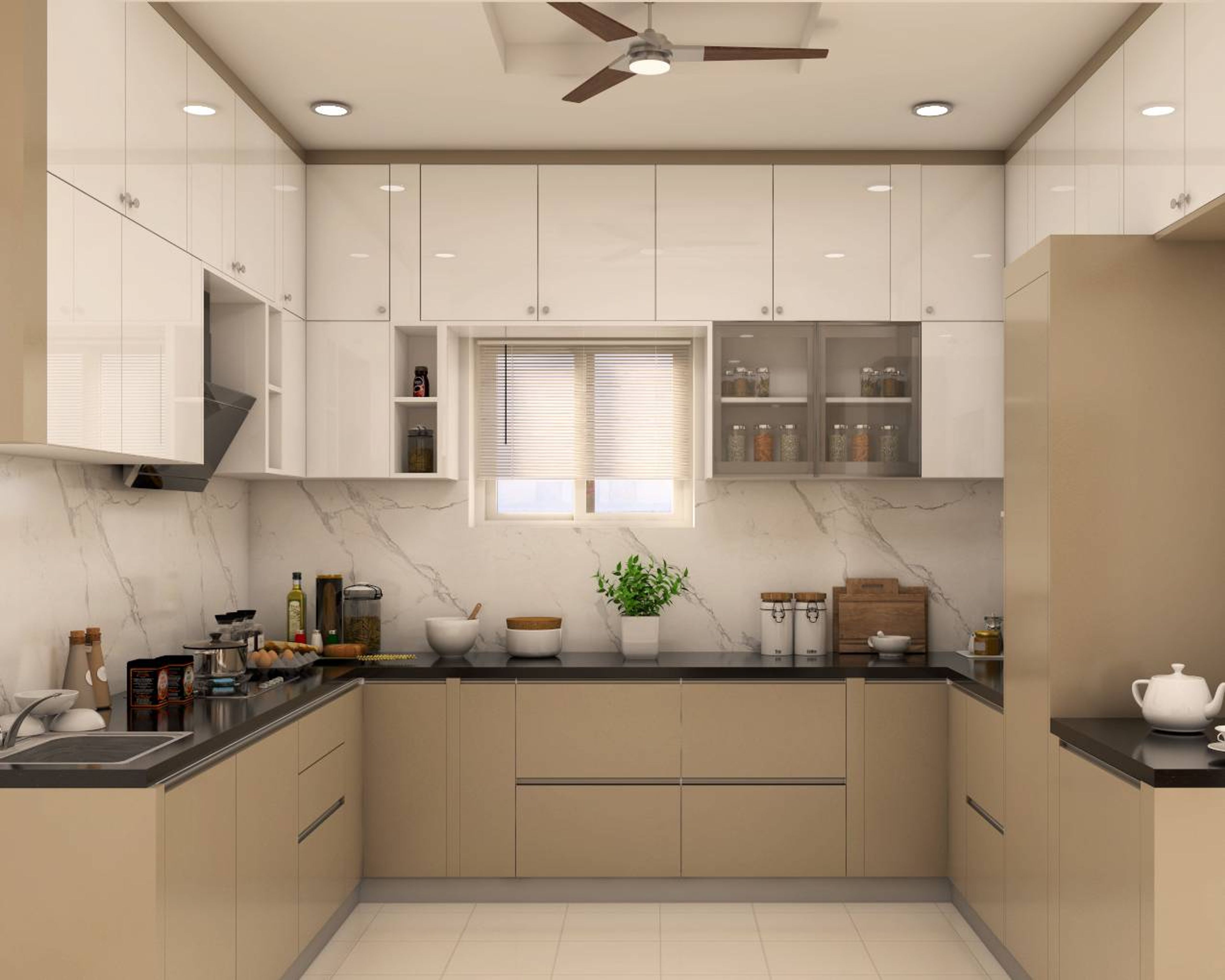 Modern dual tone kitchen with beige and frosty white high gloss ...