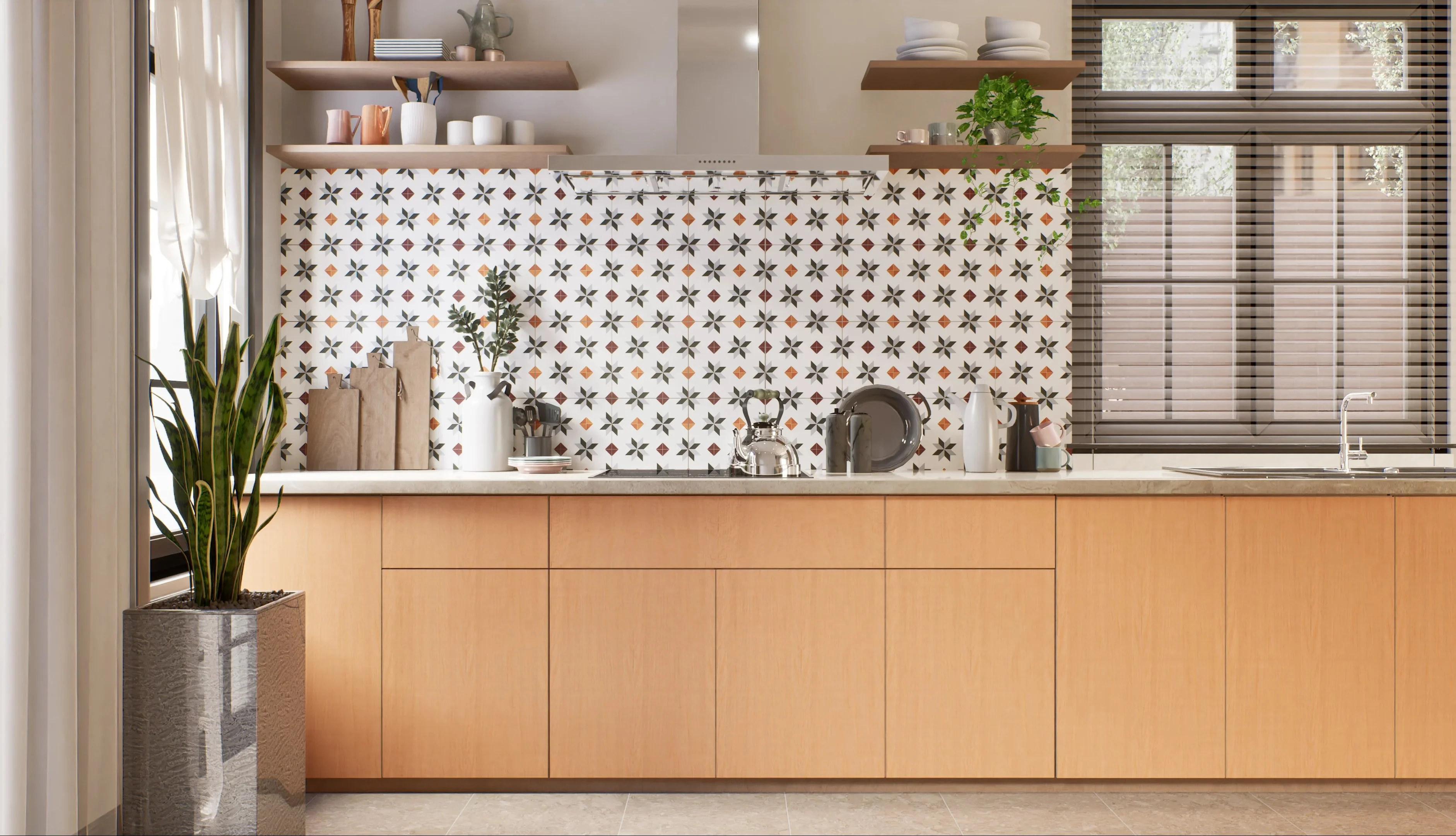 Modern Kitchen with Geometric Floral Backsplash | Material Depot