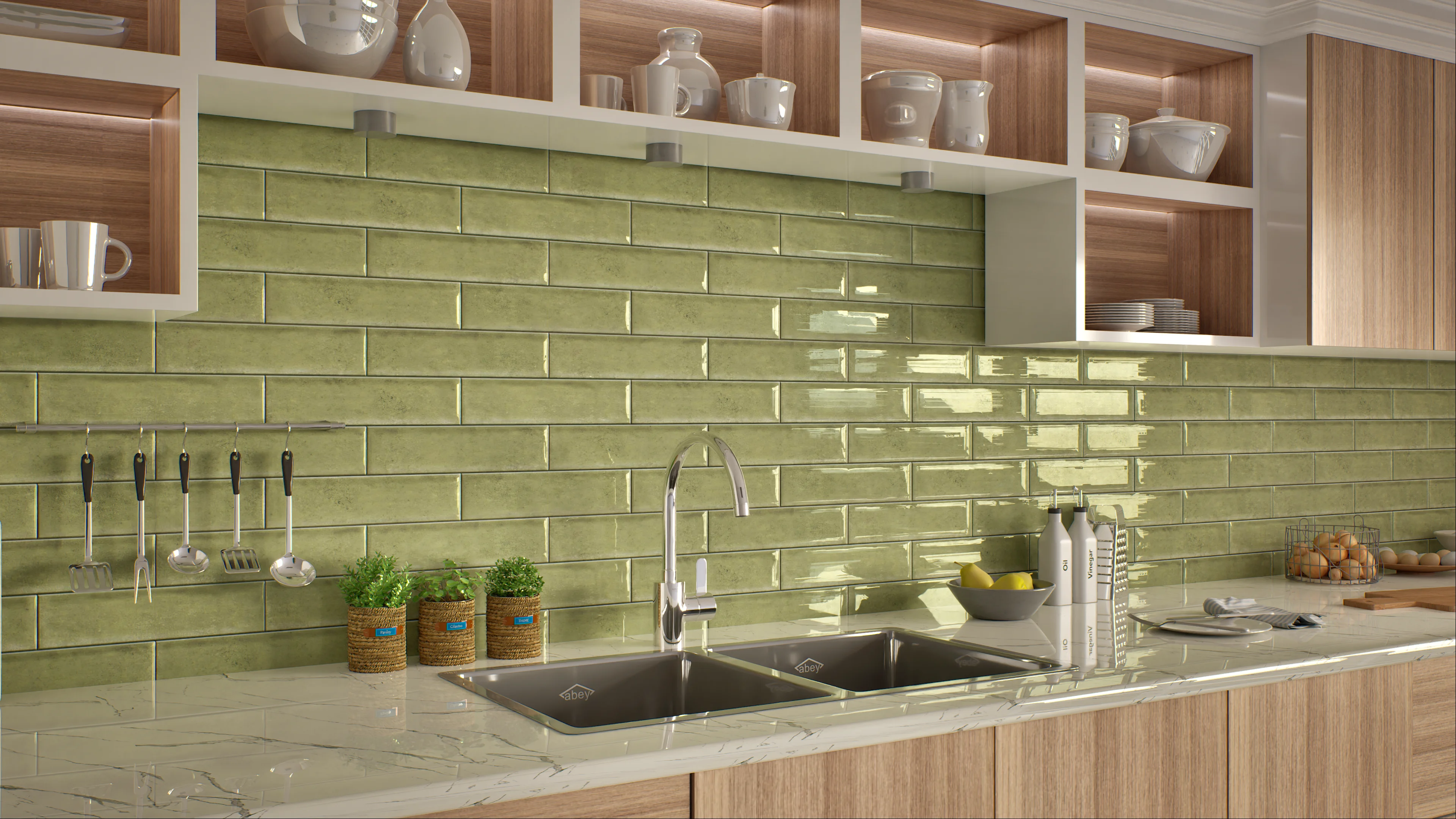 Modern Kitchen with Green Subway Tile Backsplash | Material Depot