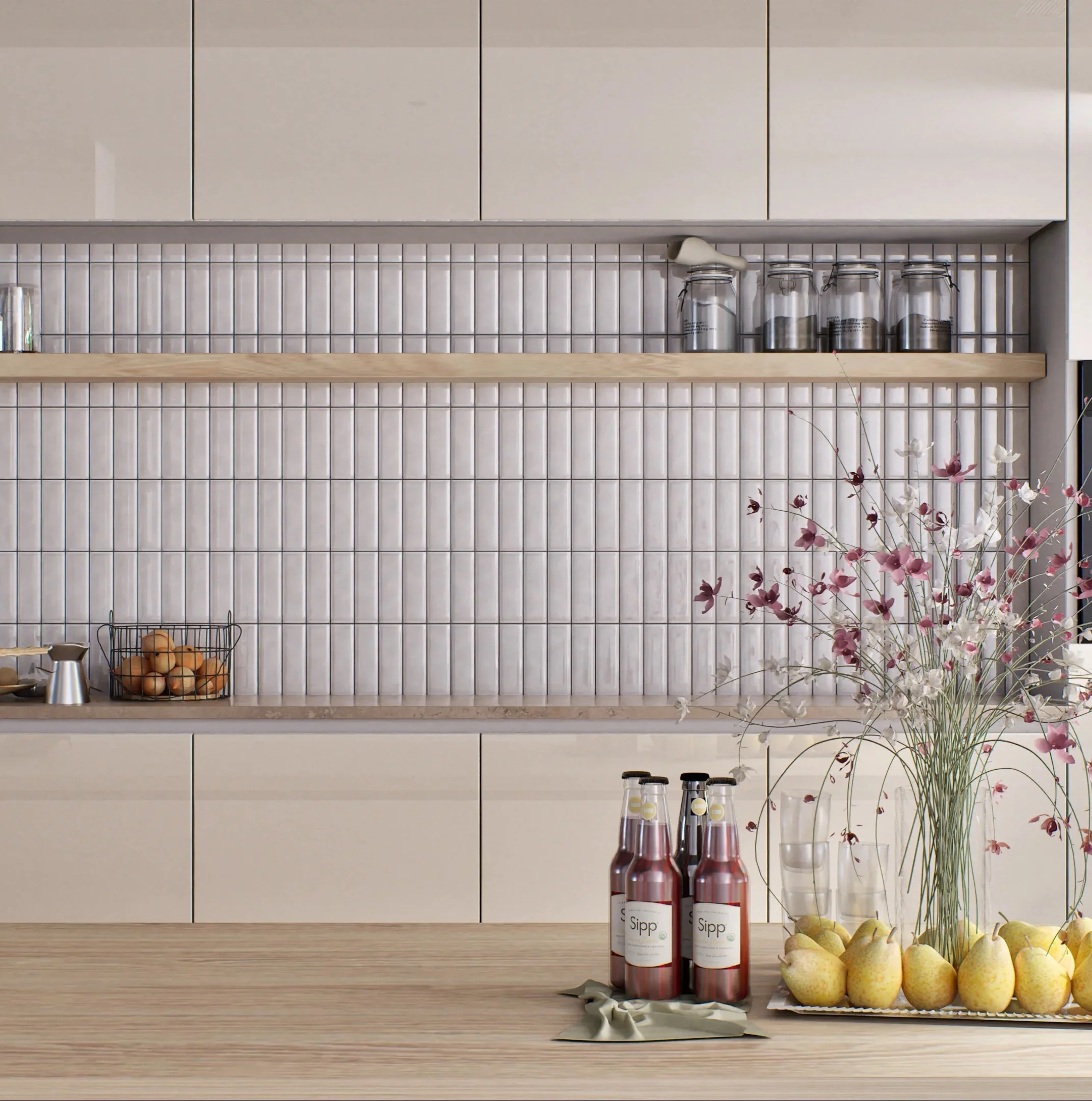 Modern Kitchen with Light Vertical Tile Backsplash | Material Depot