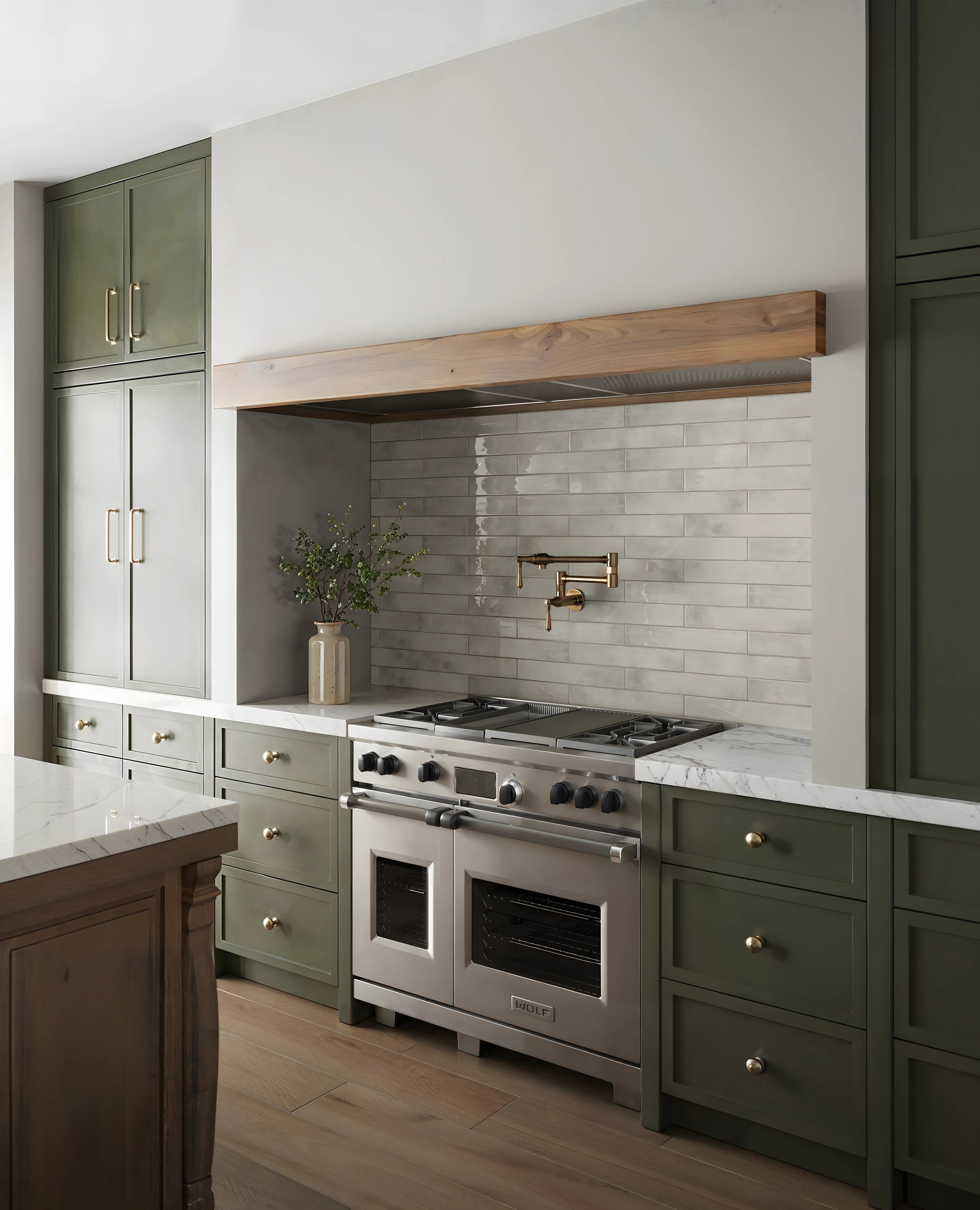Modern Kitchen Design with textured Glossy Grey Tile and Dark Green Laminate Assetz Earth & Essence Hosahalli | Material Depot