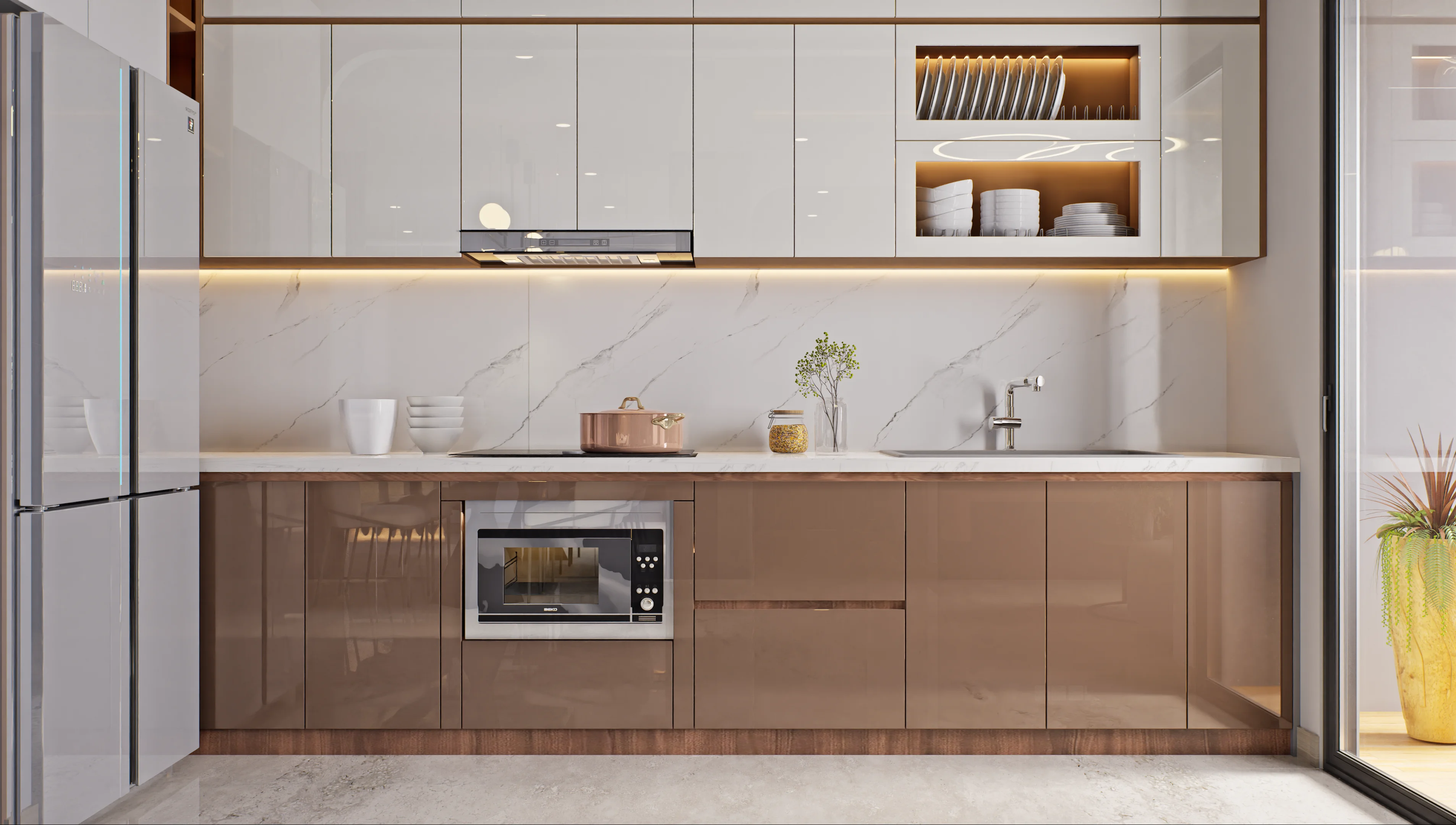 Modern Kitchen with White and Brown Acrylic Cabinets and Marble Backsplash | Material Depot