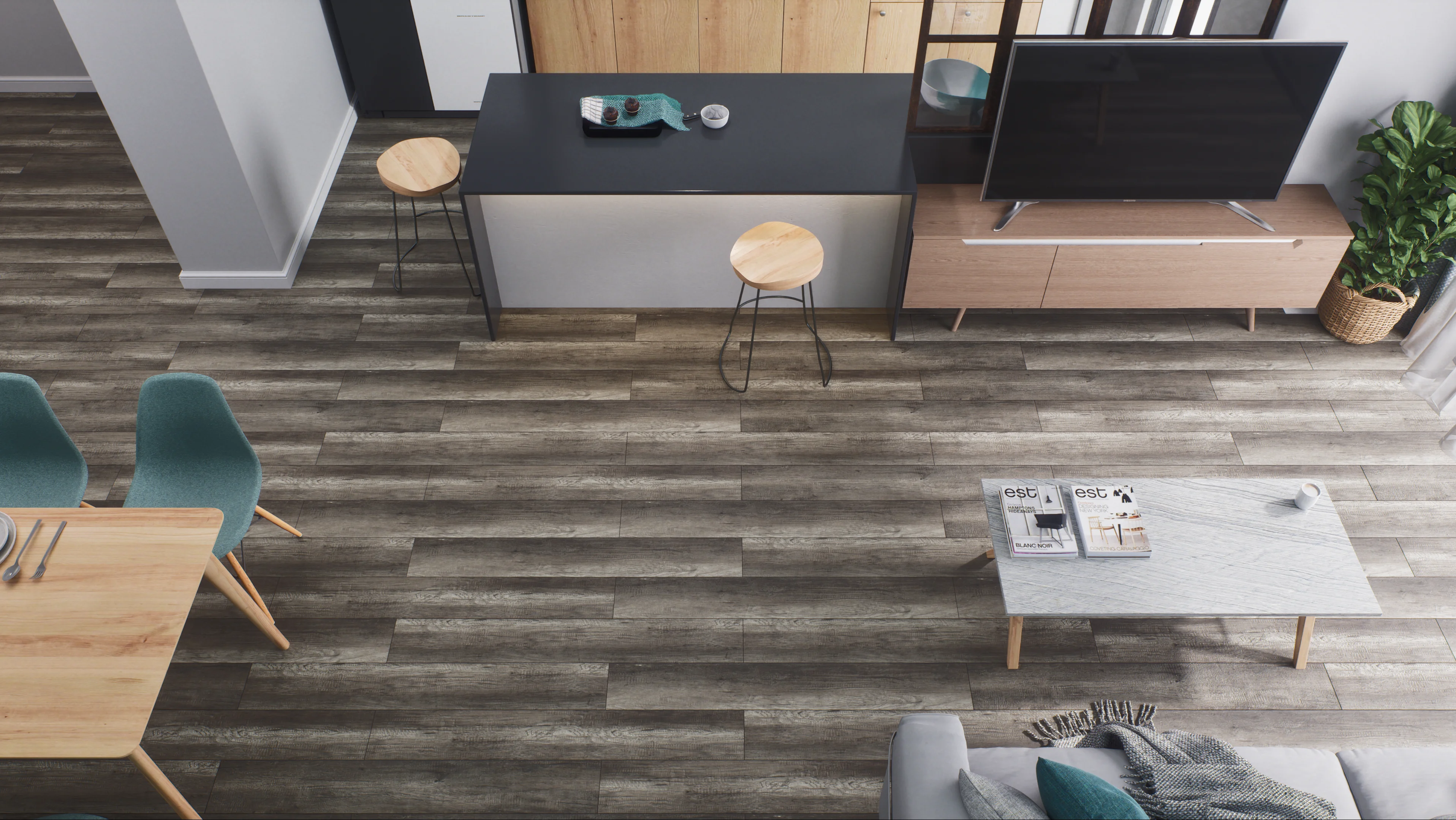 Modern Living Area with Dark Grey Wood Flooring | Material Depot