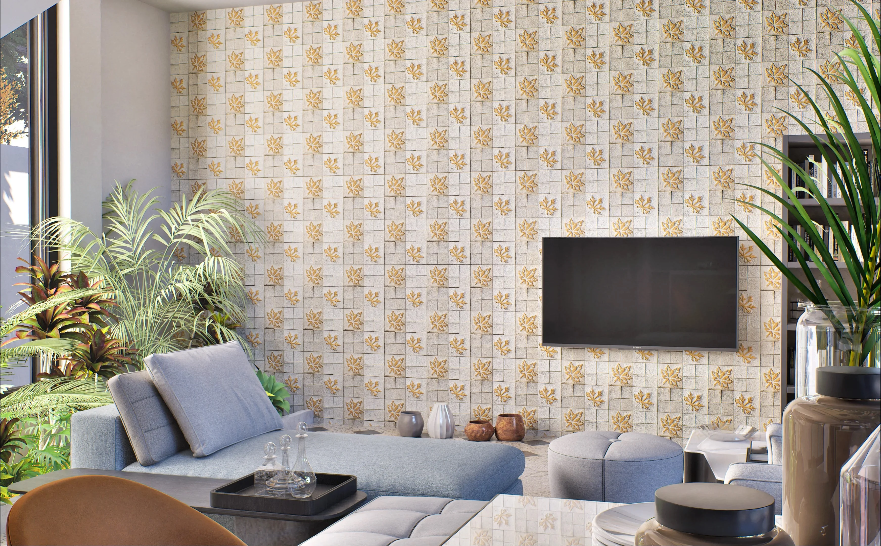 Modern Living Room with Floral Mosaic Accent Stone Wall Cladding | Material Depot