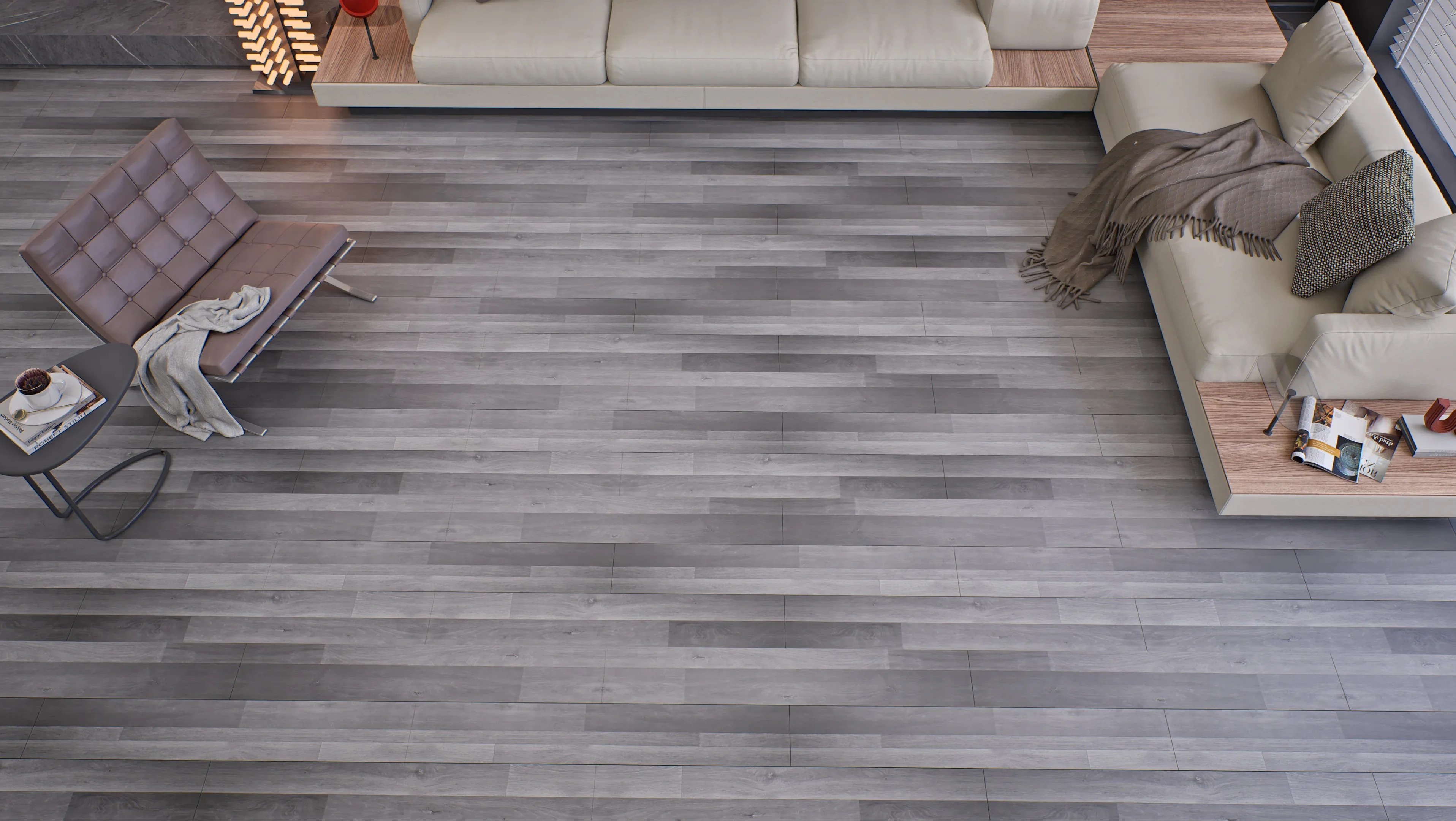 Modern Living Room with Gray Toned Wooden Flooring | Material Depot