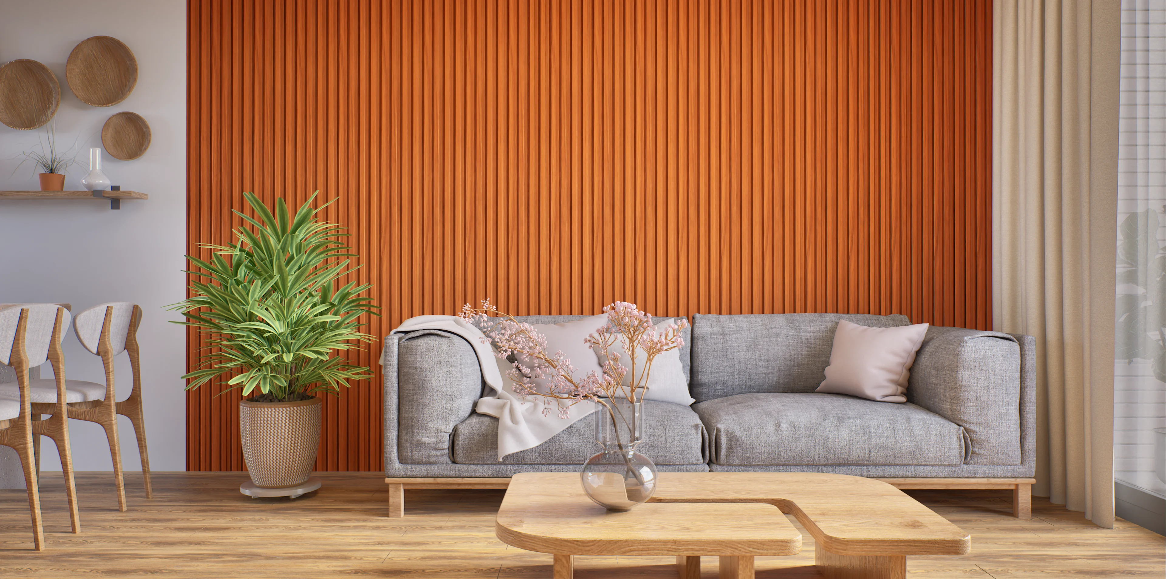 Modern Living Room with Orange Vertical Louver Panels | Material Depot