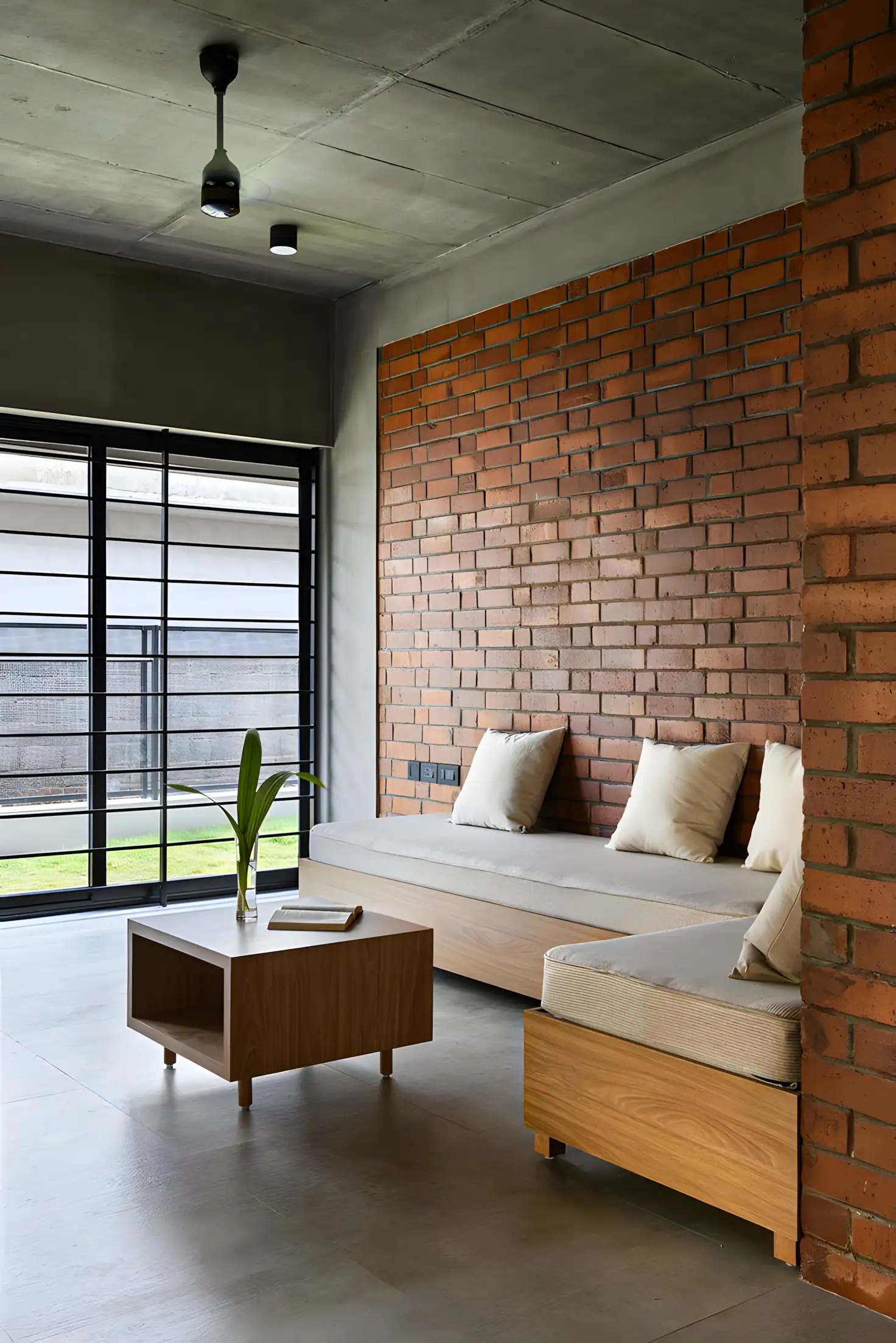 Modern Minimalist Living Space with Exposed Brick and Natural Textures | Material Depot