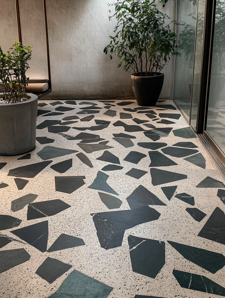 Modern Terrace with dark grey Full body kota tiles in Terrazzo pattern | Material Depot