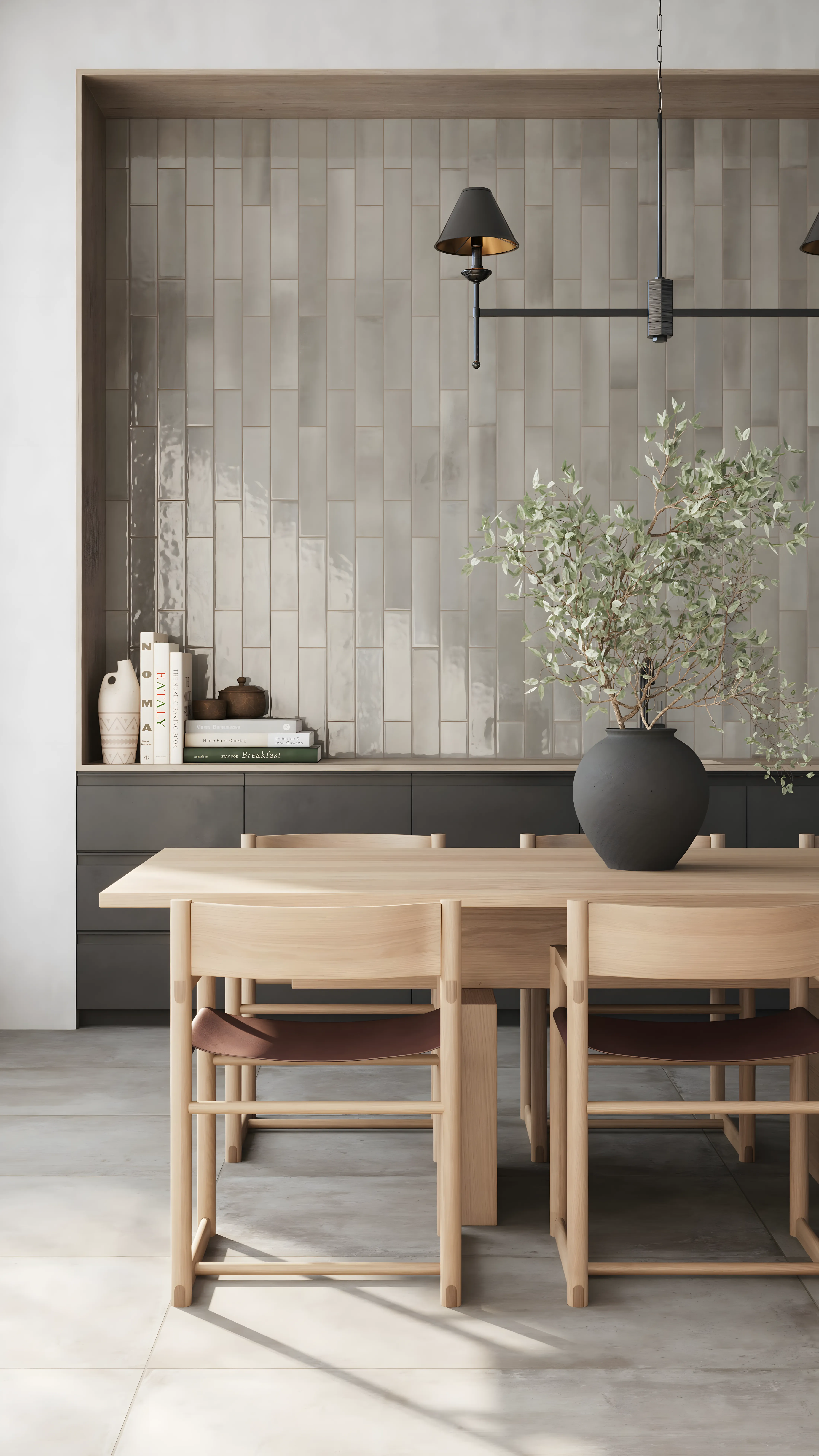 Natural Kichen and Dining Interior Design and Grey Glossy Subway Backsplash Brigade Komarla Heights Padmanabhanagar | Material Depot