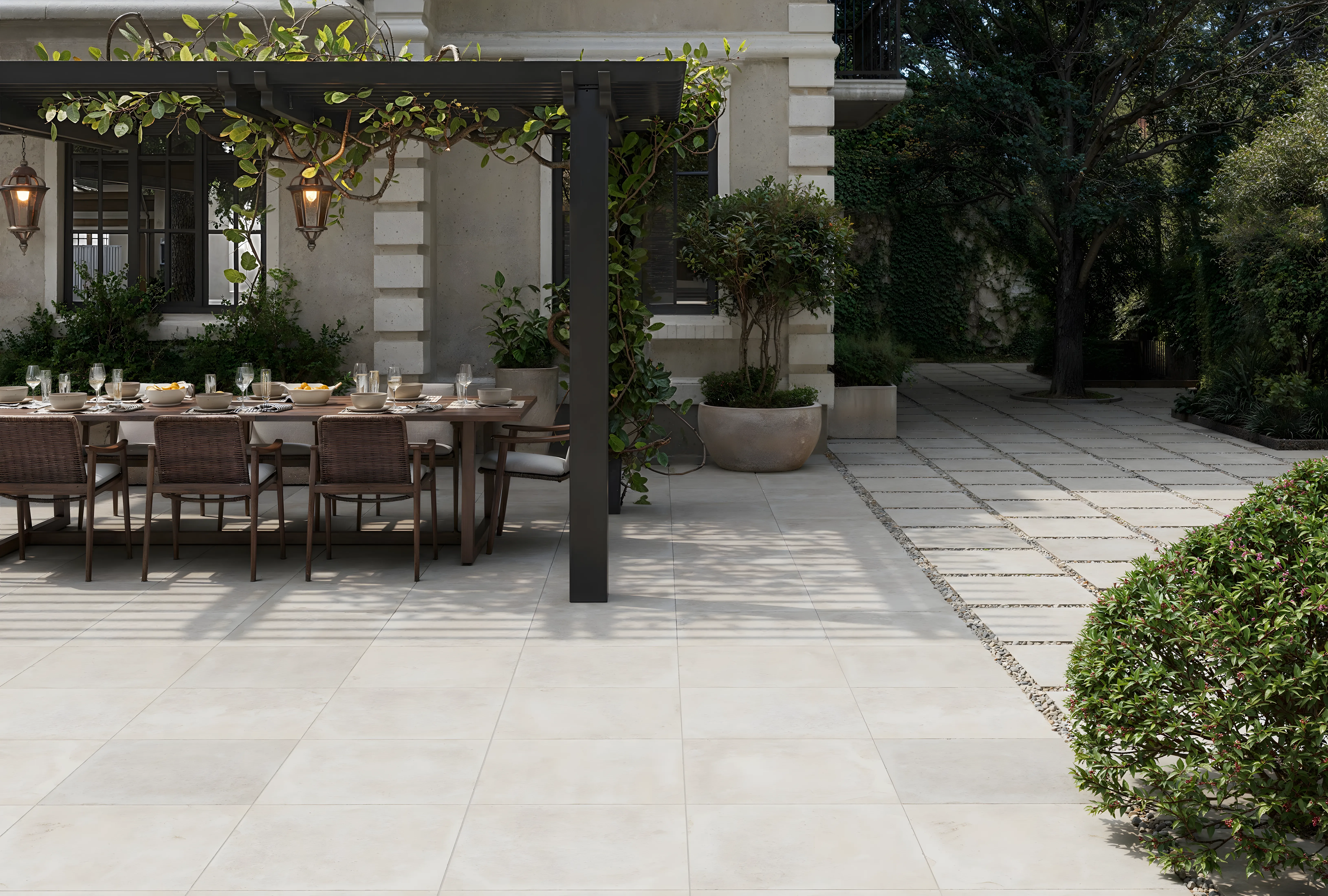 Outdoor Kitchen Design Island with Stone Floor Tile and Seating Prestige Finsbury Park Bagalur | Material Depot